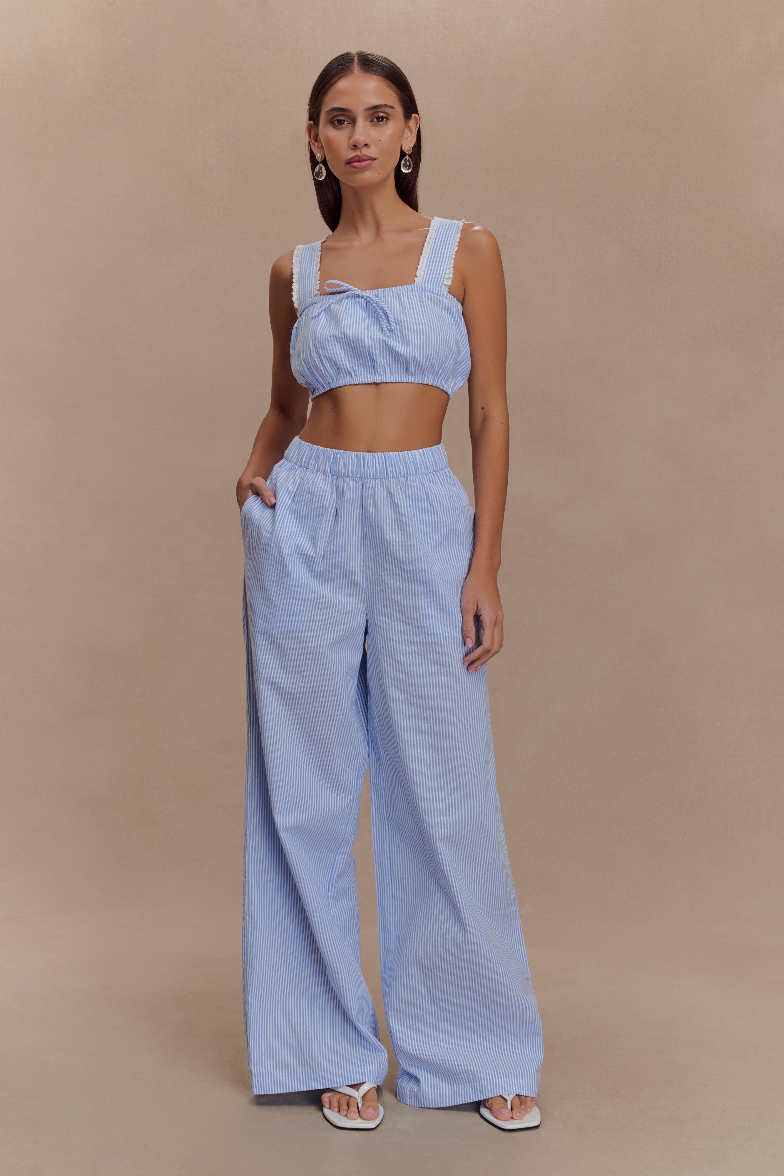 Levauro Gretel Kolsuz Crop Top - Mavi Çizgili