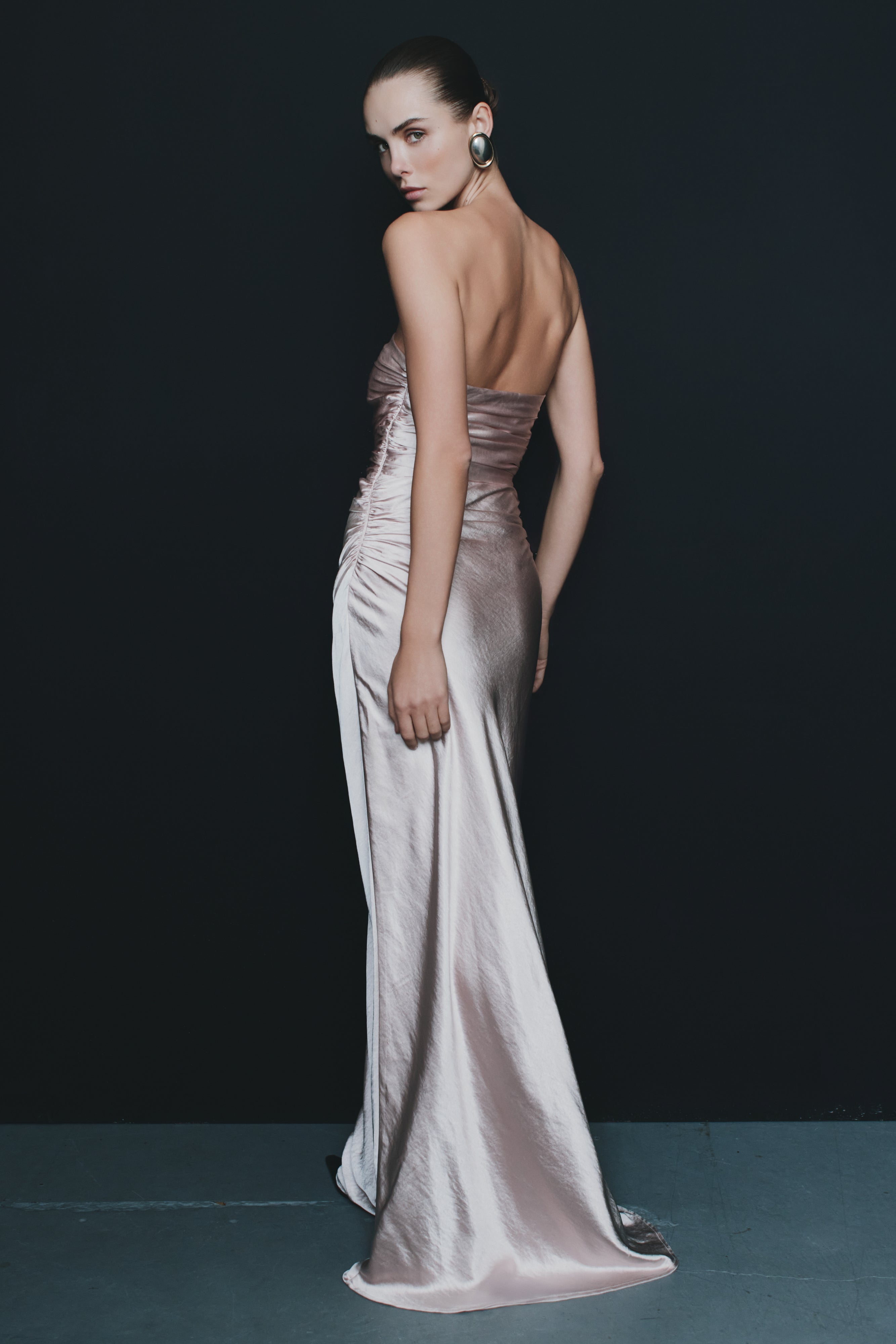 Levauro Sedir Straplez Saten Maxi Elbise - Soft Pembe