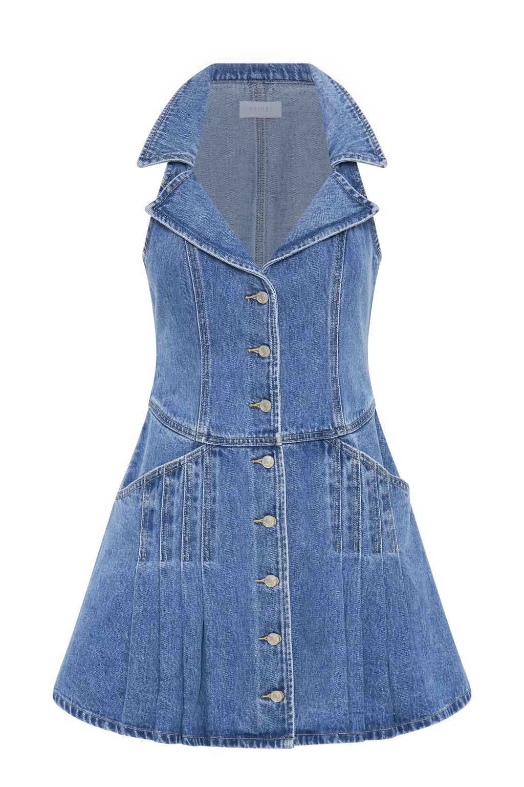 Levauro  Porter Yakalı Denim Mini Elbise - 70'Ler Mavi