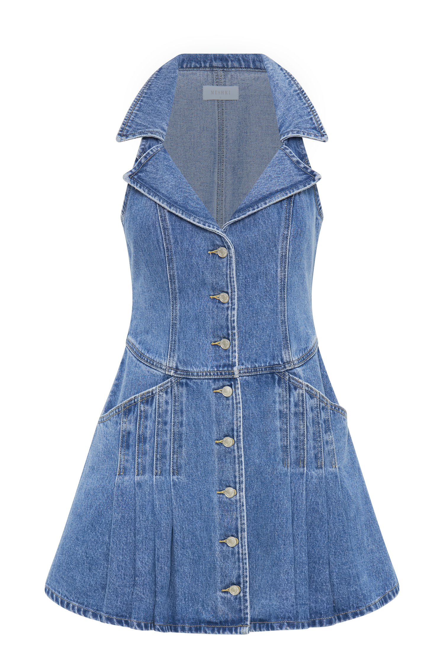 Levauro  Porter Yakalı Denim Mini Elbise - 70'Ler Mavi