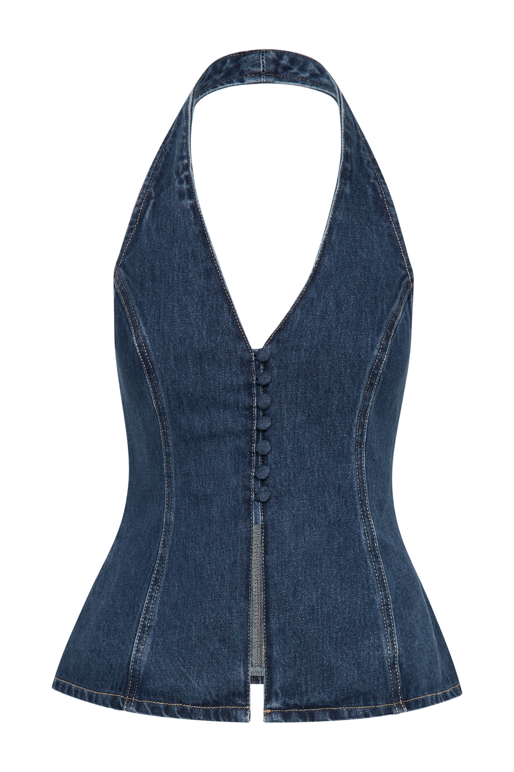 Levauro  Hindistan Önden Düğmeli Boyundan Bağlamalı Denim Uzun Üst - Koyu Mavi
