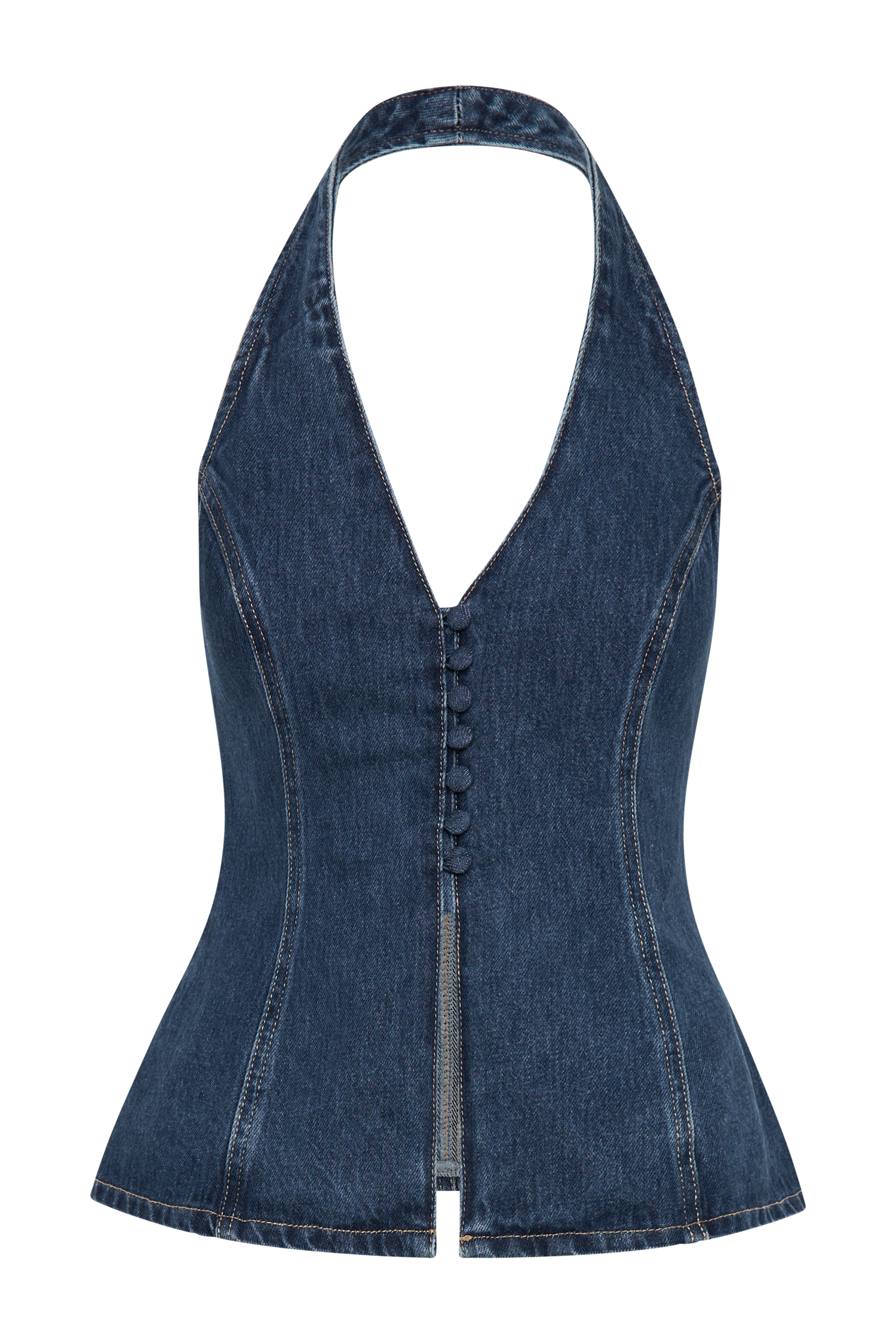 Levauro  Hindistan Önden Düğmeli Boyundan Bağlamalı Denim Uzun Üst - Koyu Mavi