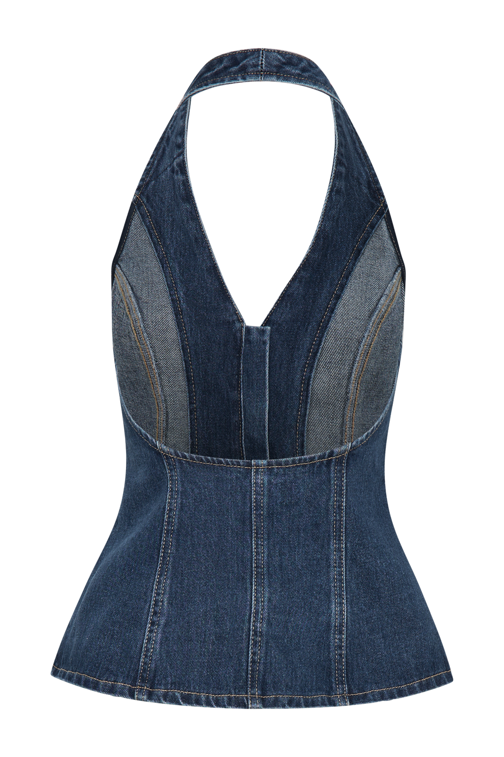Levauro  Hindistan Önden Düğmeli Boyundan Bağlamalı Denim Uzun Üst - Koyu Mavi