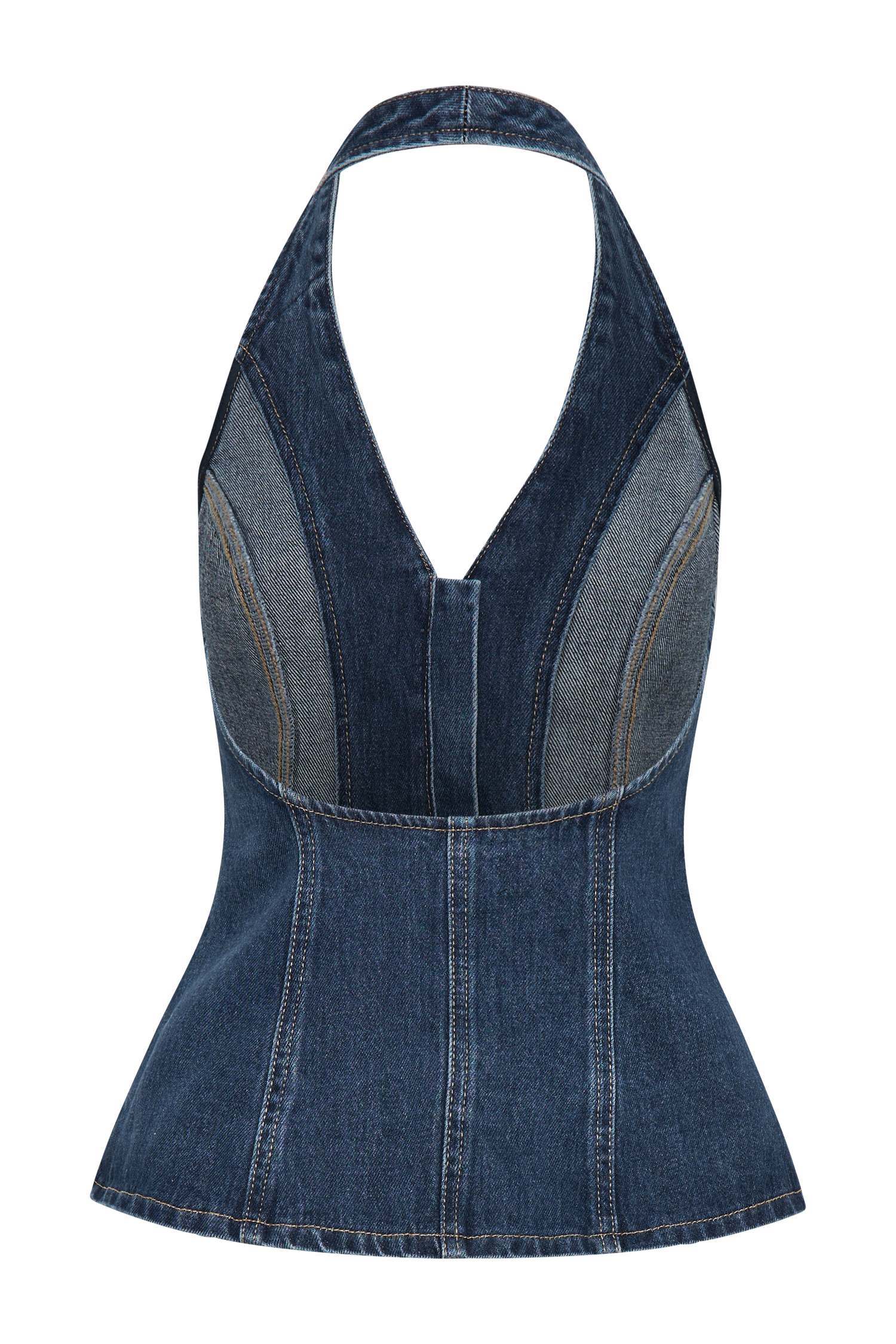 Levauro  Hindistan Önden Düğmeli Boyundan Bağlamalı Denim Uzun Üst - Koyu Mavi