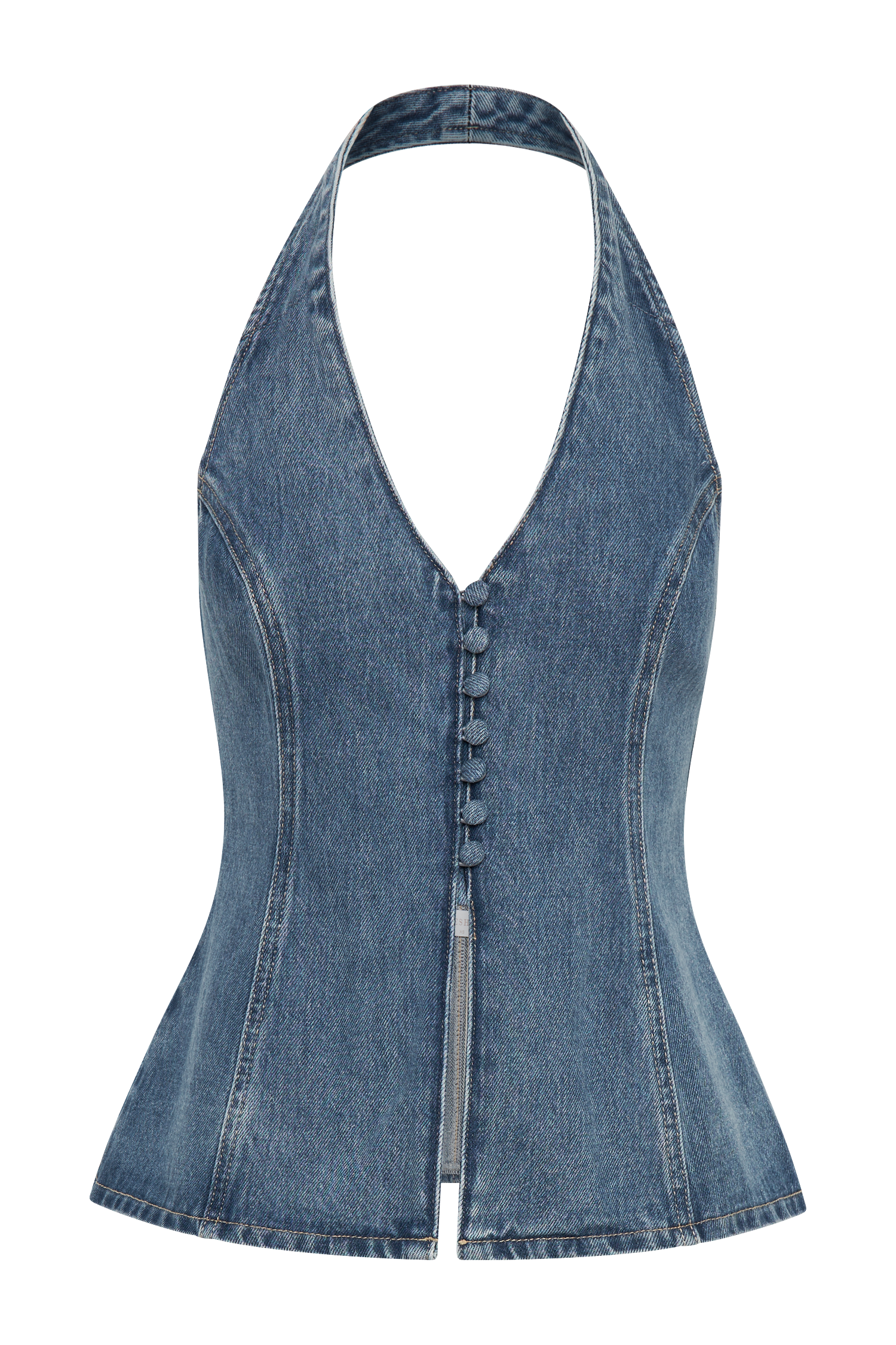 Levauro  Hindistan Önden Düğmeli Boyundan Bağlamalı Denim Uzun Üst - Yıkanmış Orta Mavi