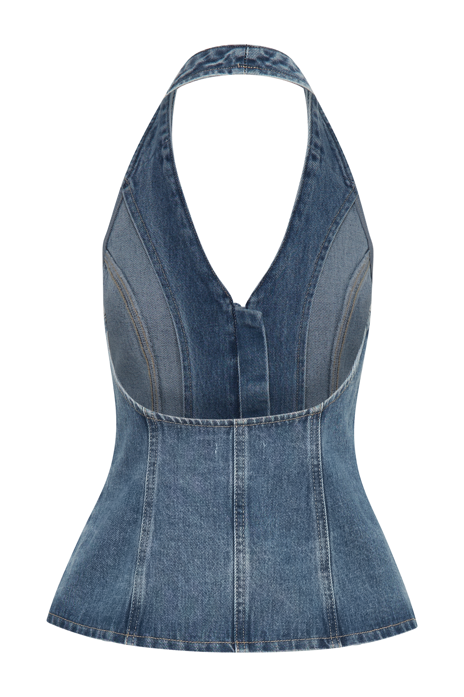 Levauro  Hindistan Önden Düğmeli Boyundan Bağlamalı Denim Uzun Üst - Yıkanmış Orta Mavi