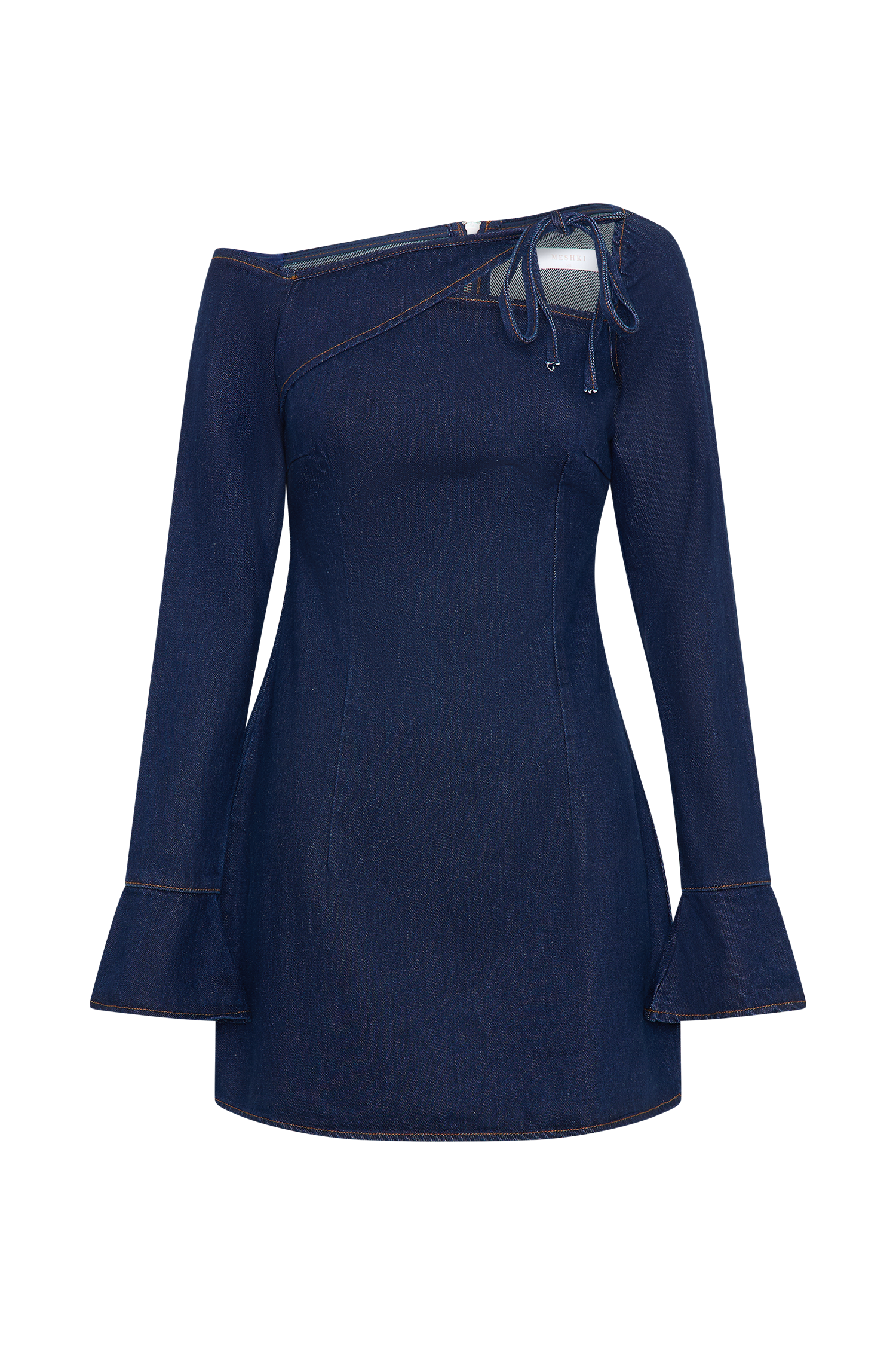 Levauro  Cece Bağcıklı Denim Mini Elbise - İndigo Mavi