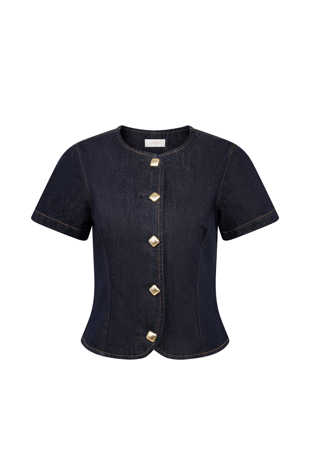 Levauro Bethany Kısa Kollu Düğmeli Denim Üst - Yıkanmış İndigo Mavi