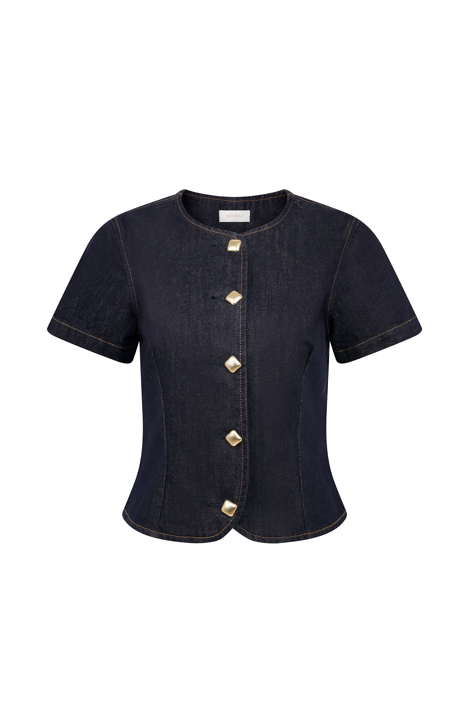Levauro Bethany Kısa Kollu Düğmeli Denim Üst - Yıkanmış İndigo Mavi