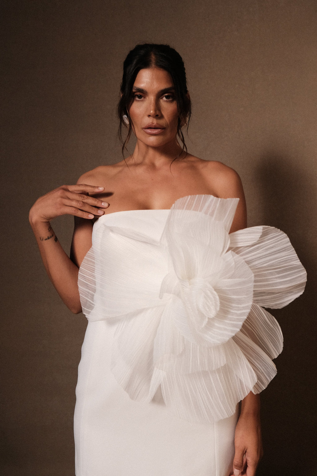 Levauro  Victoria Oversize Çiçekli Straplez Mini Elbise - Beyaz