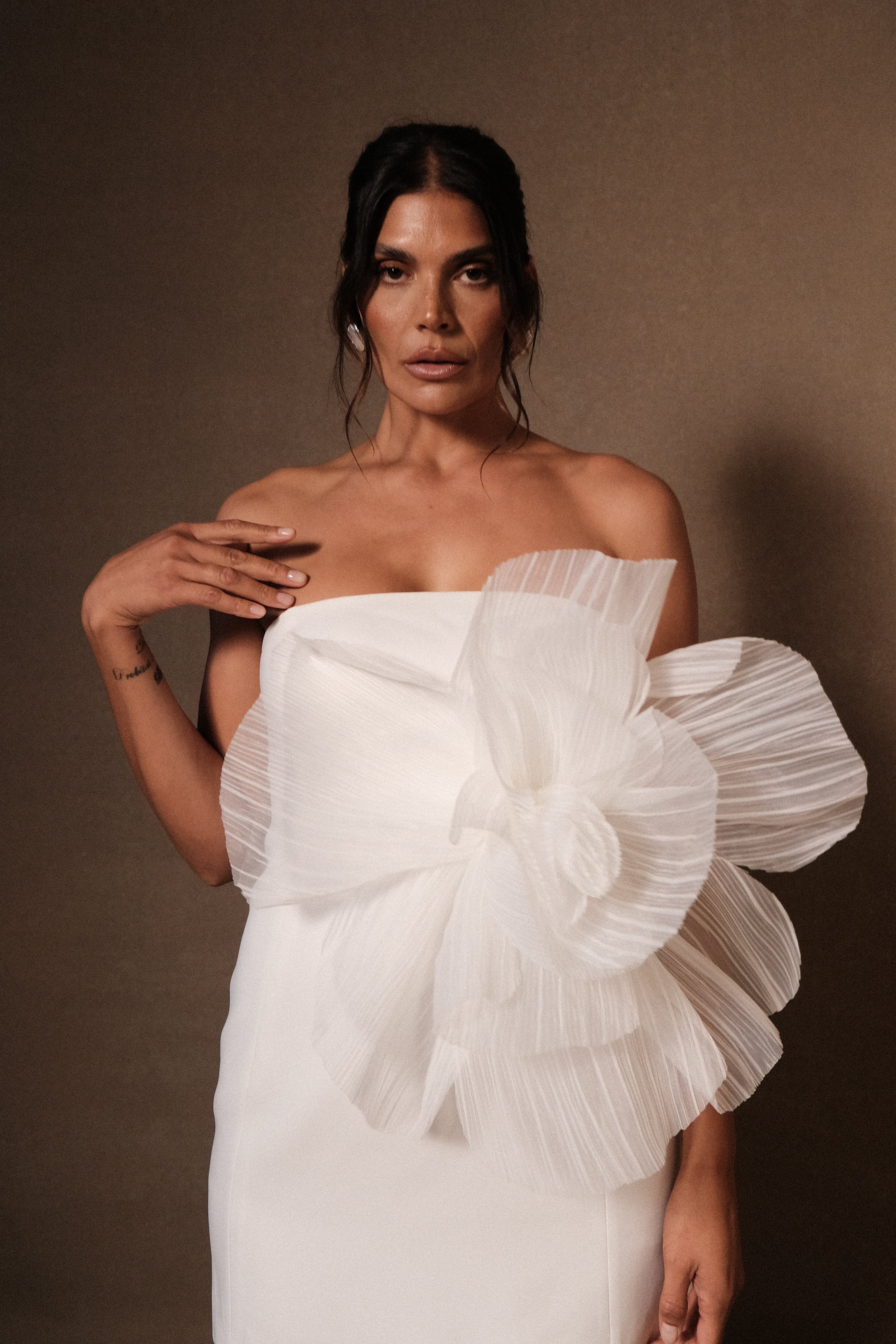 Levauro  Victoria Oversize Çiçekli Straplez Mini Elbise - Beyaz