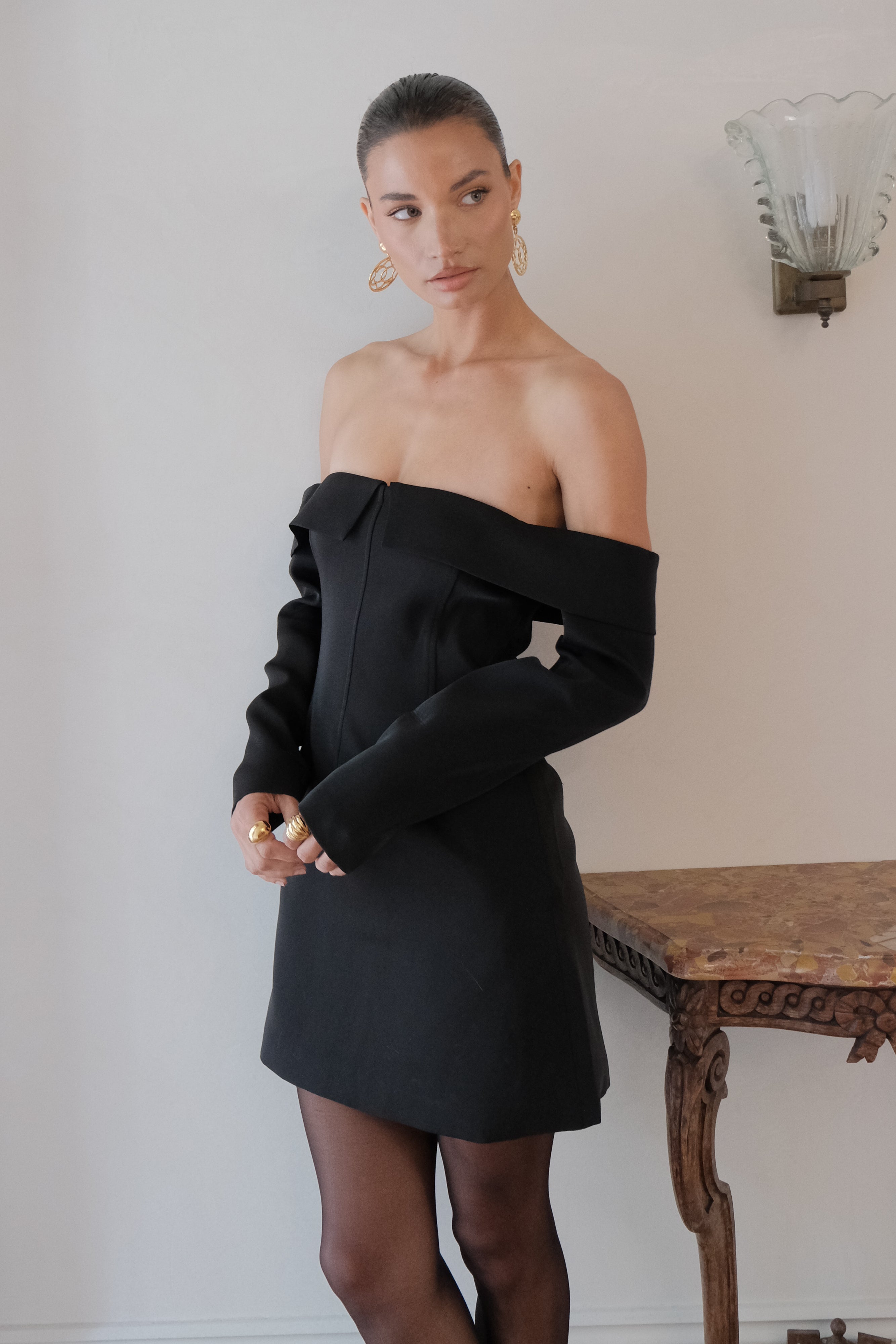 Levauro Hugo Suiting Düşük Omuz Mini Elbise - Siyah