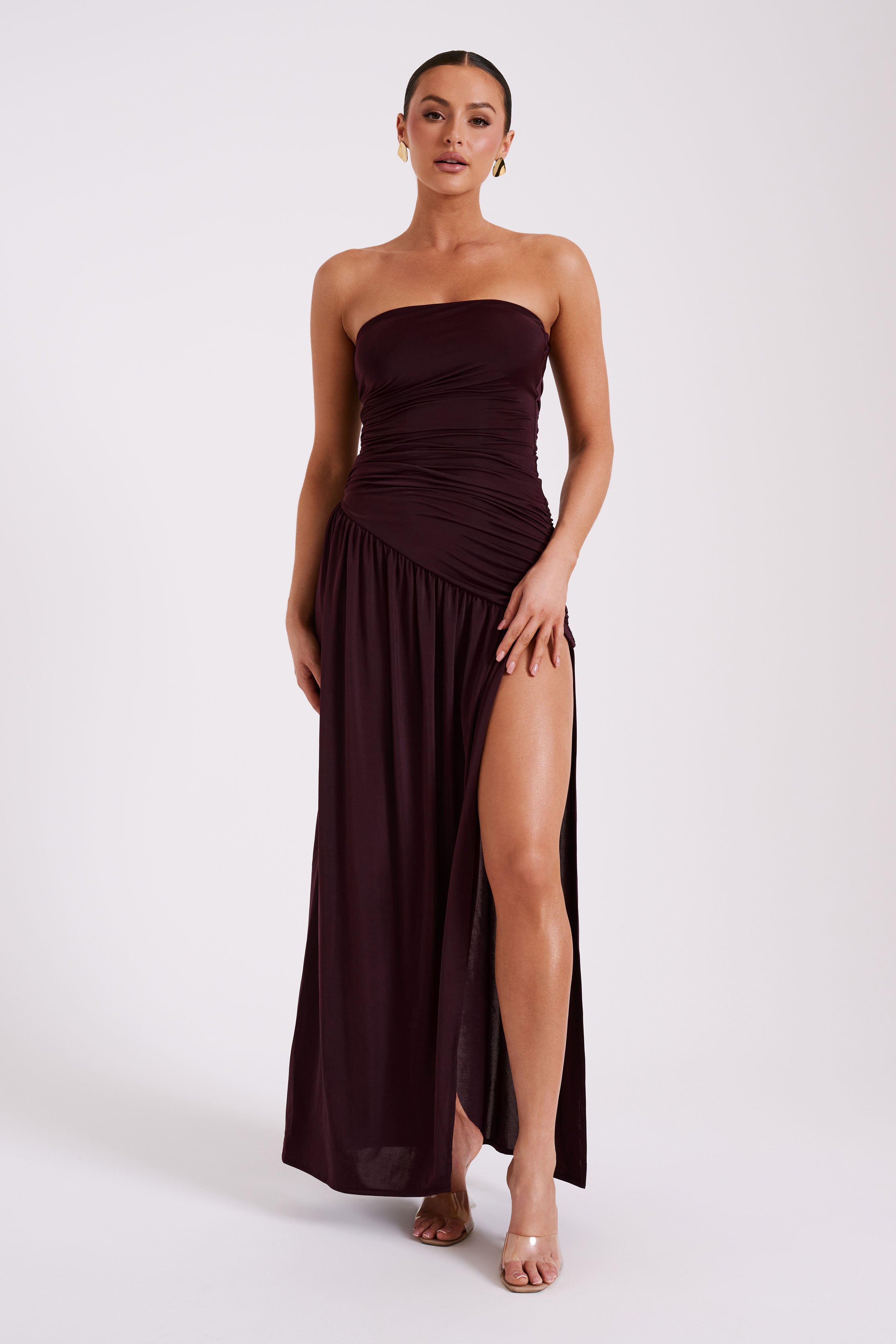 Levauro Bex Straplez Dar Kesim Maxi Elbise - Bordo