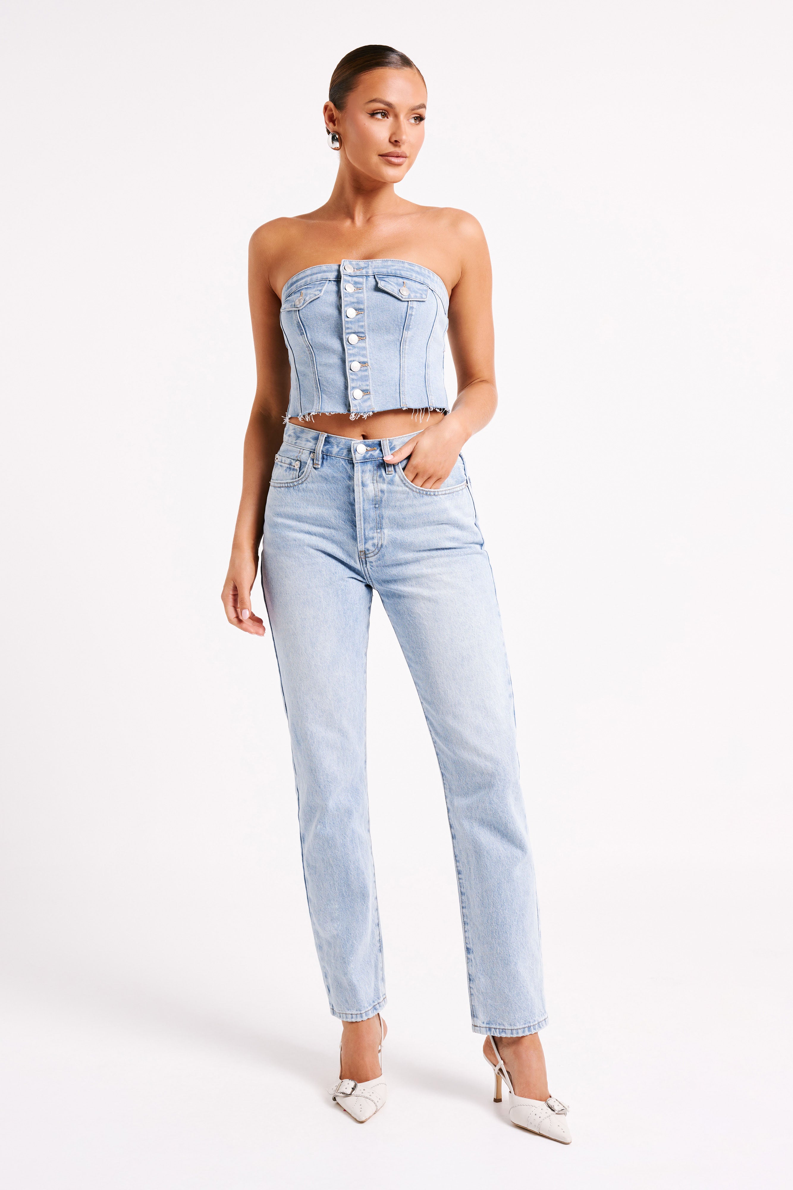 Levauro Sandy Düğmeli Denim Tüp Üst - Orta Mavi