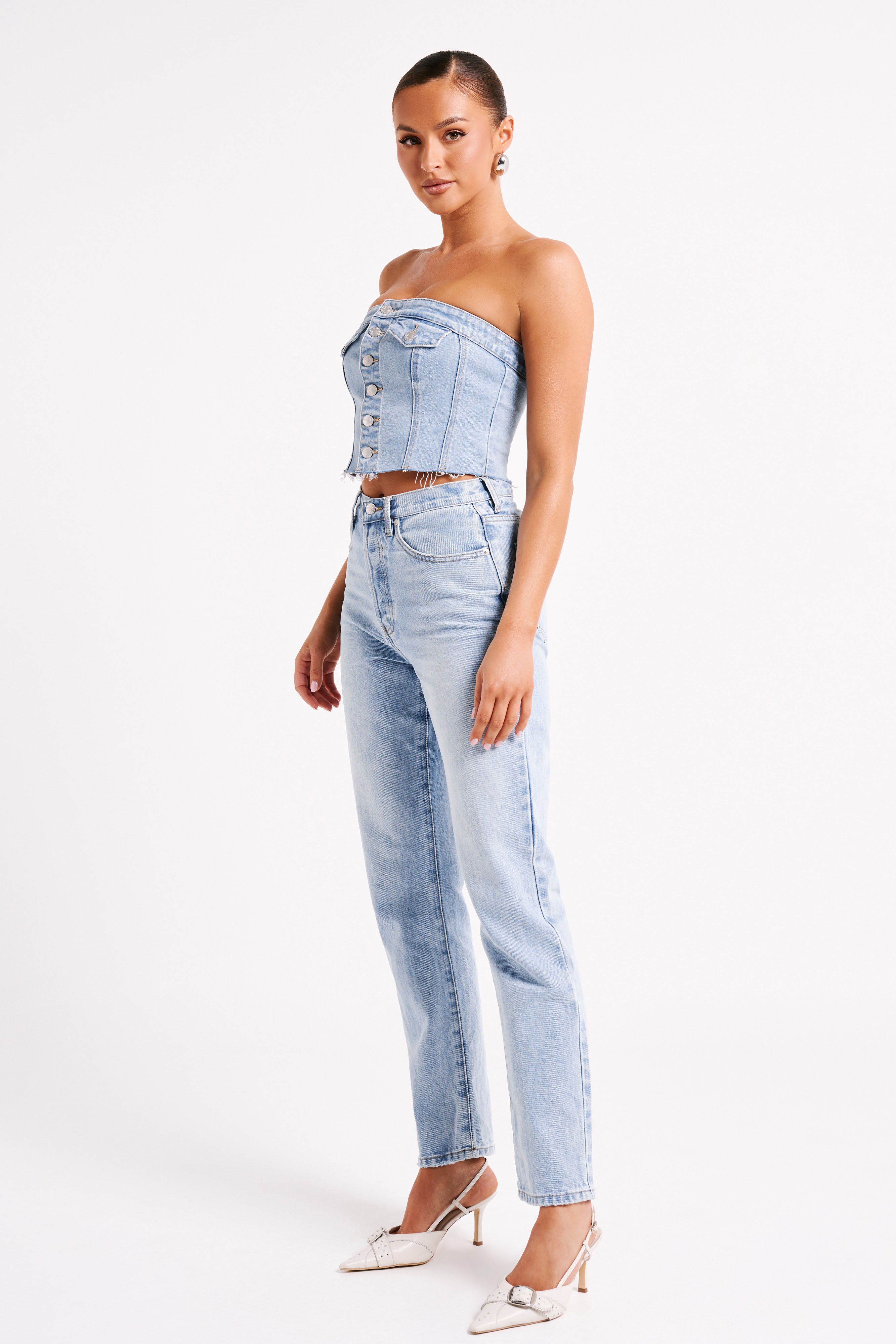 Levauro Sandy Düğmeli Denim Tüp Üst - Orta Mavi