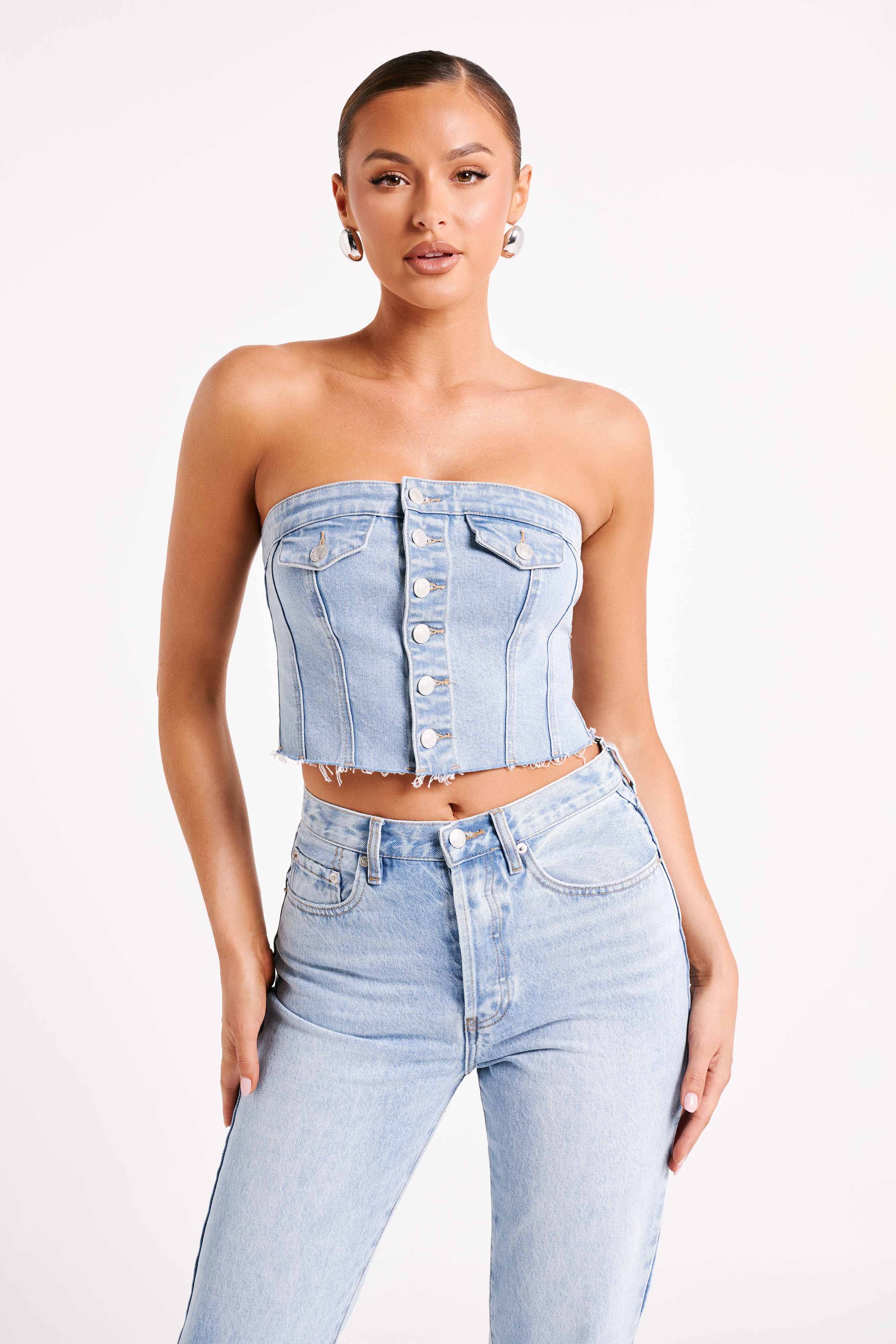 Levauro Sandy Düğmeli Denim Tüp Üst - Orta Mavi