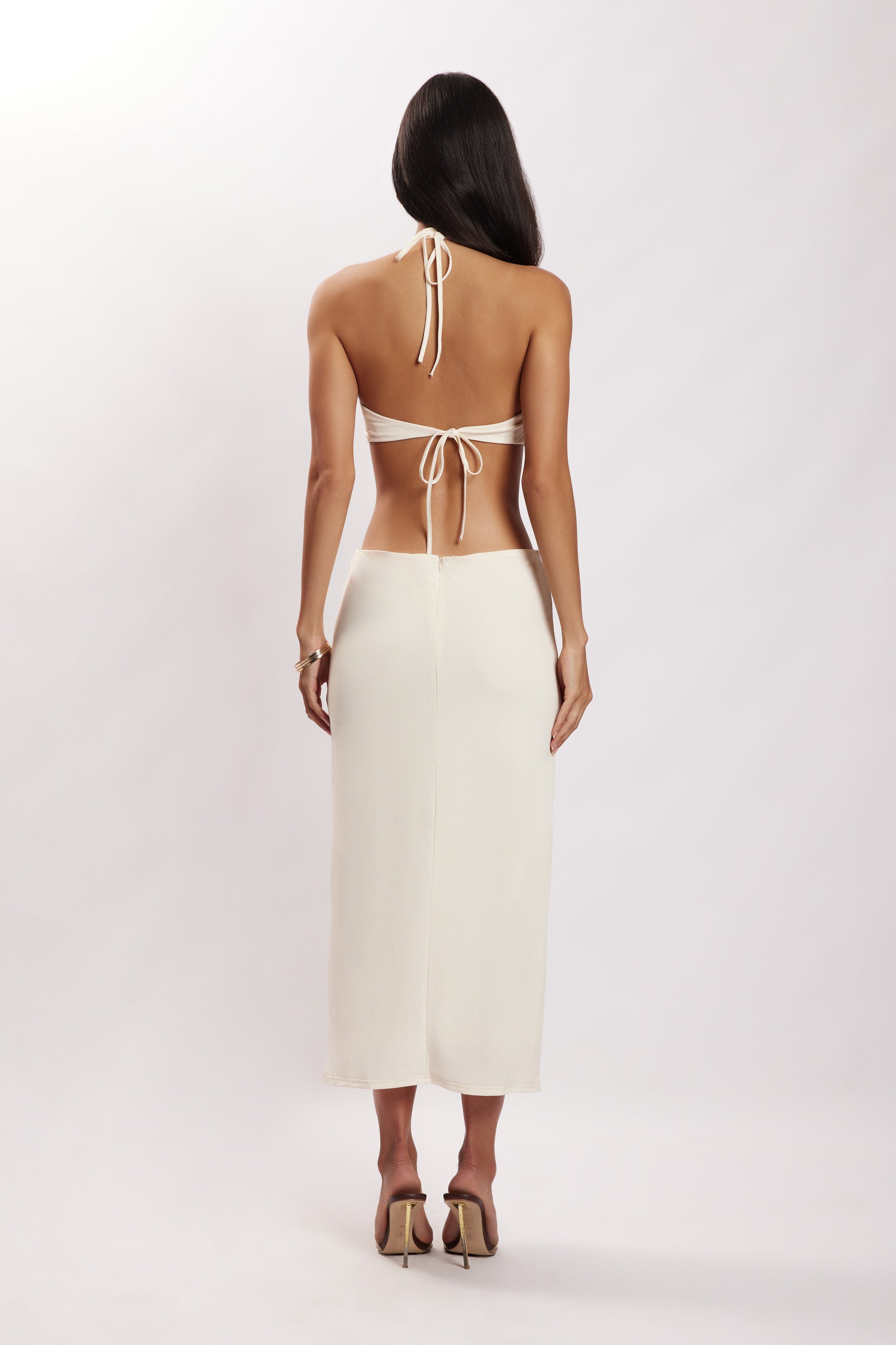 Levauro Natalie Boyundan Bağlamalı Cut Out Midi Elbise - Bone