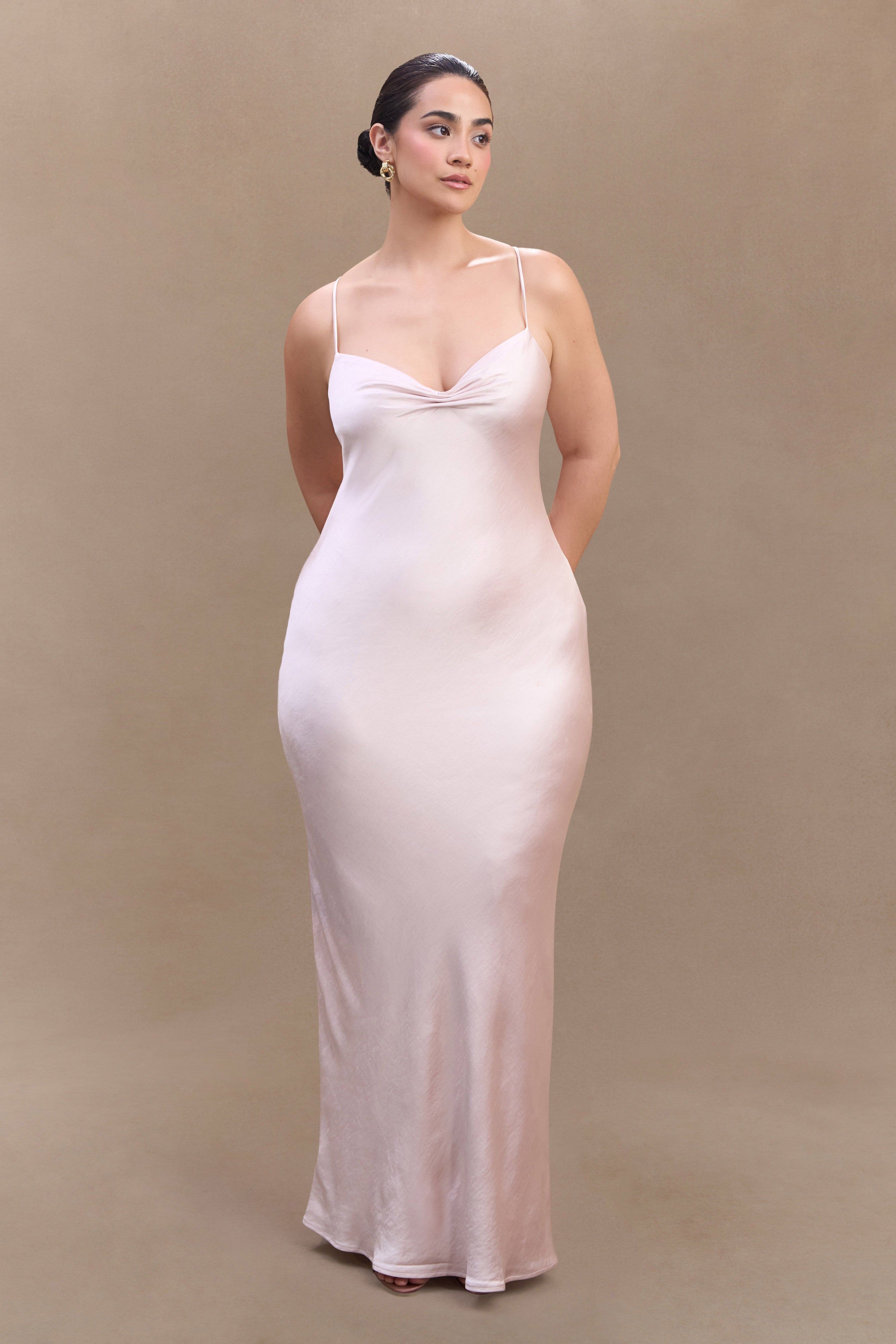 ROF Lilly Sweetheart Saten Uzun Elbise - Soft Pembe
