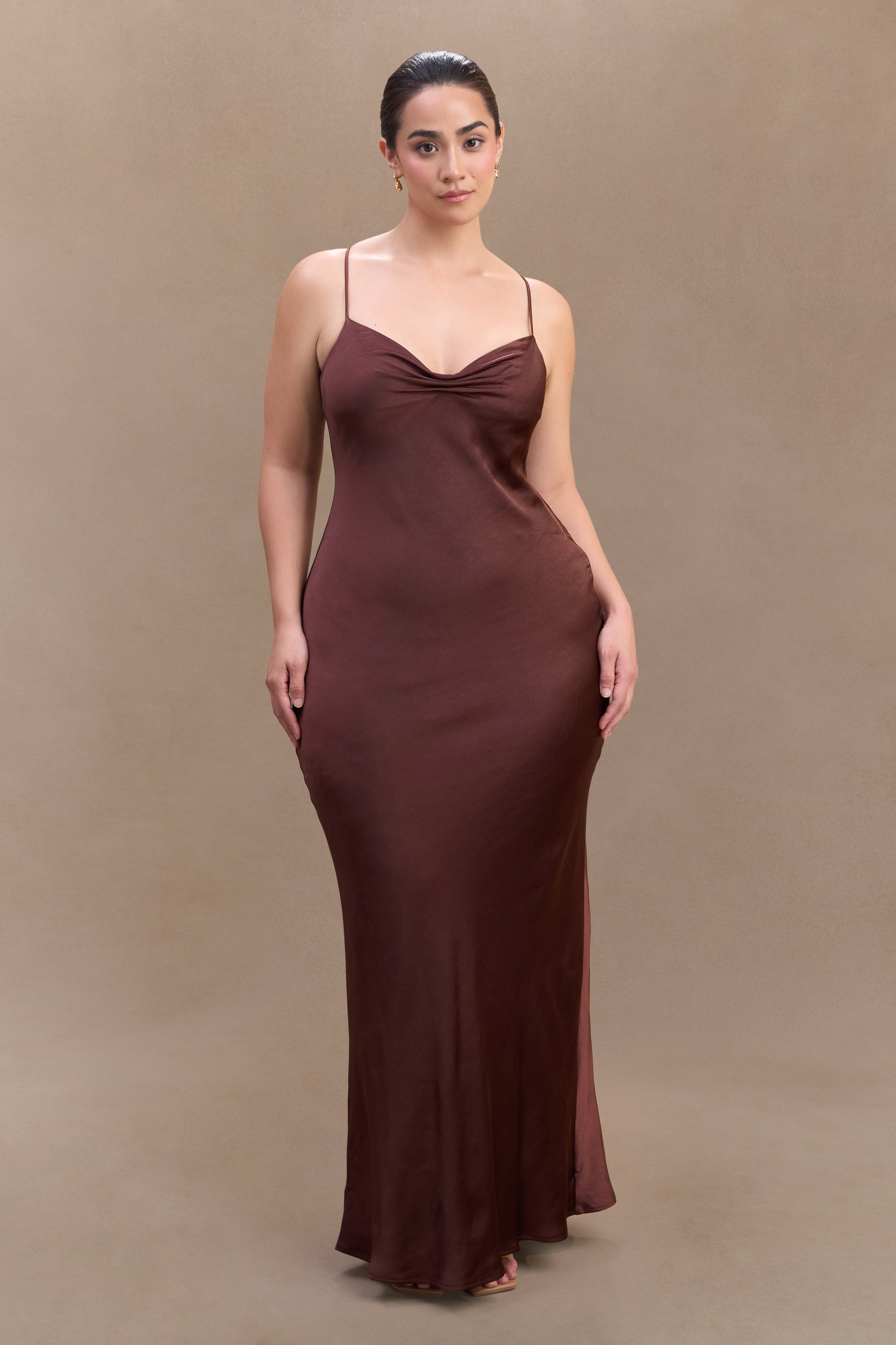 Levauro Lilly Sweetheart Saten Maxi Elbise - Bitter Çikolata
