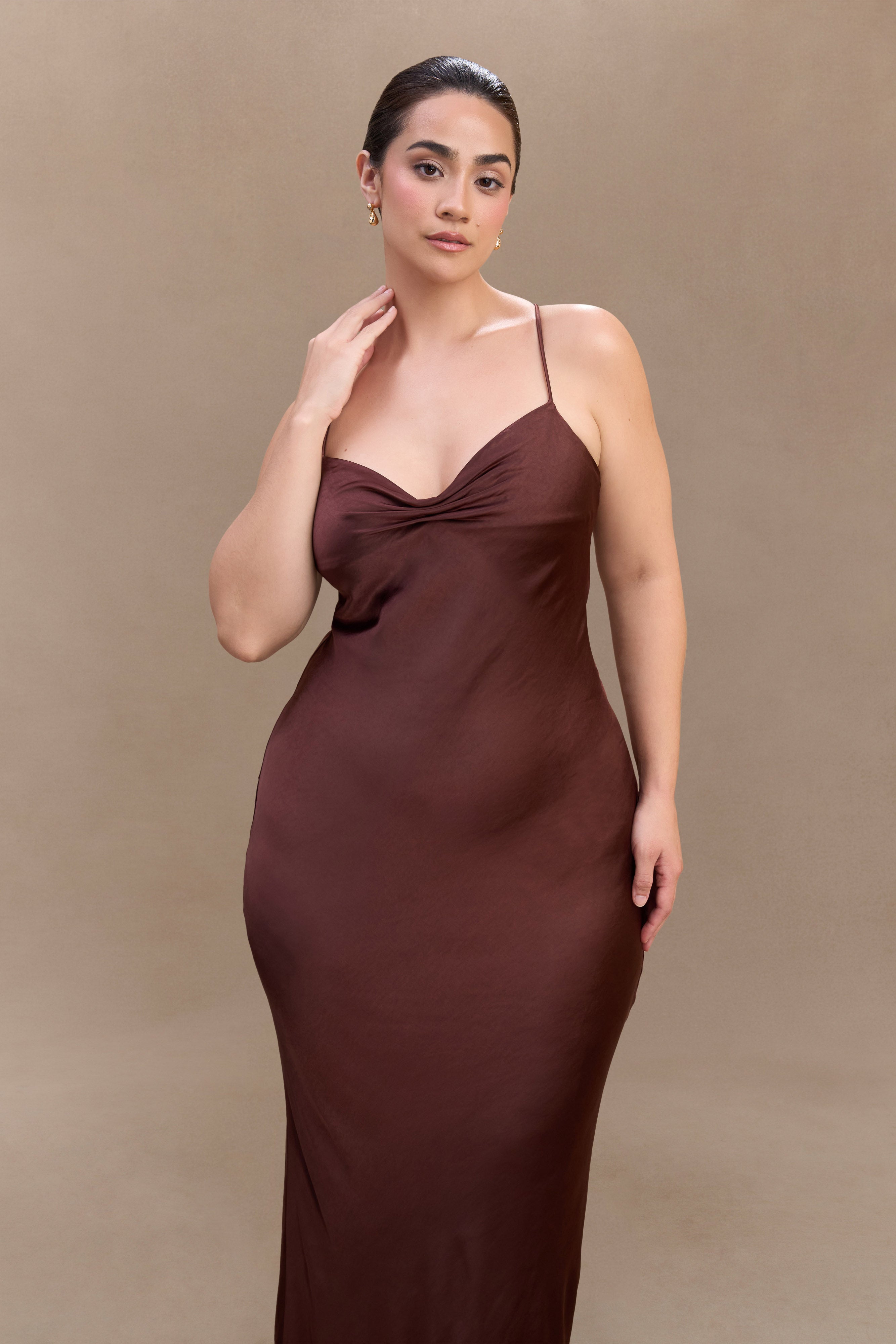 Levauro Lilly Sweetheart Saten Maxi Elbise - Bitter Çikolata