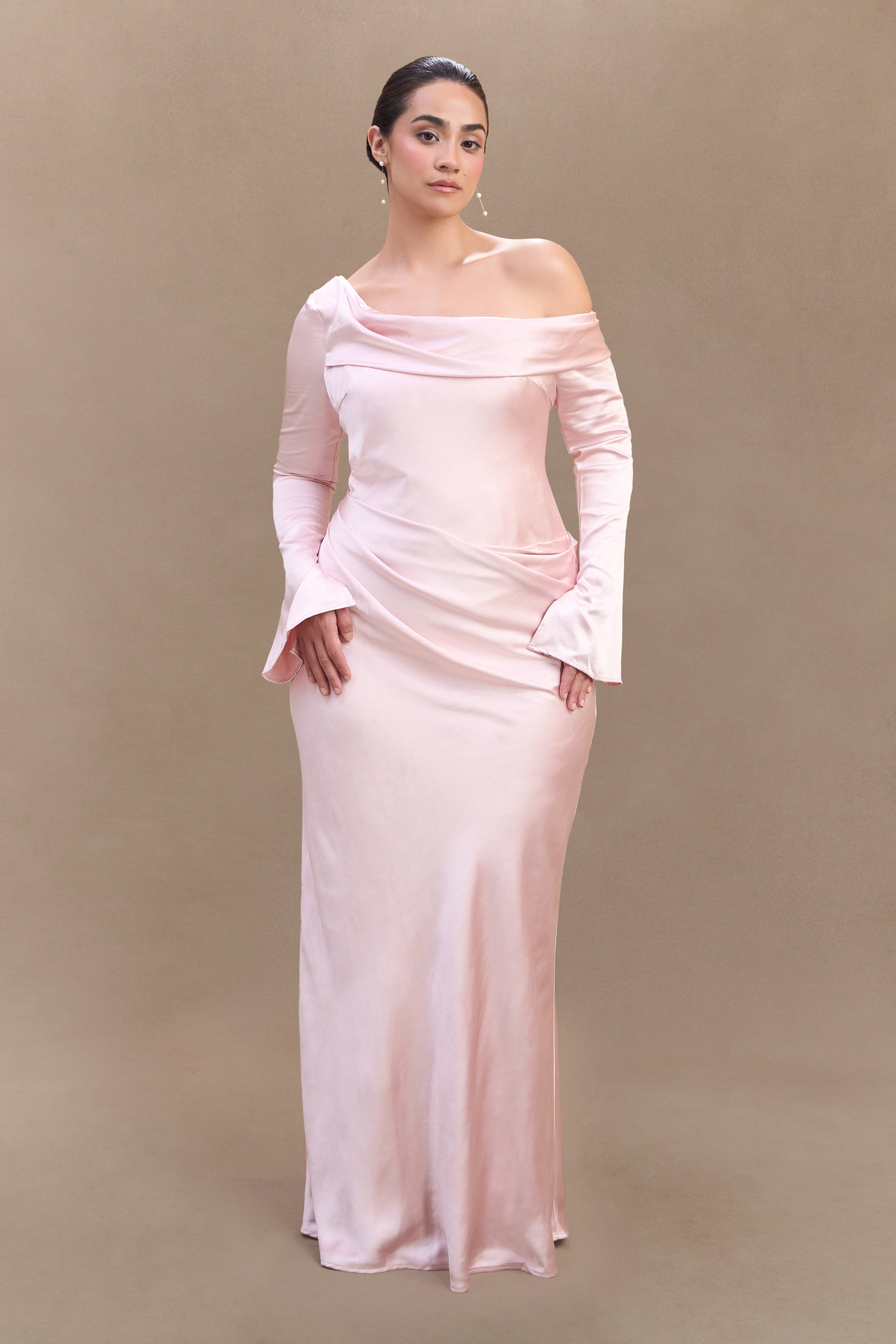 Levauro Iris Uzun Kol Saten Maxi Elbise - Soft Pembe