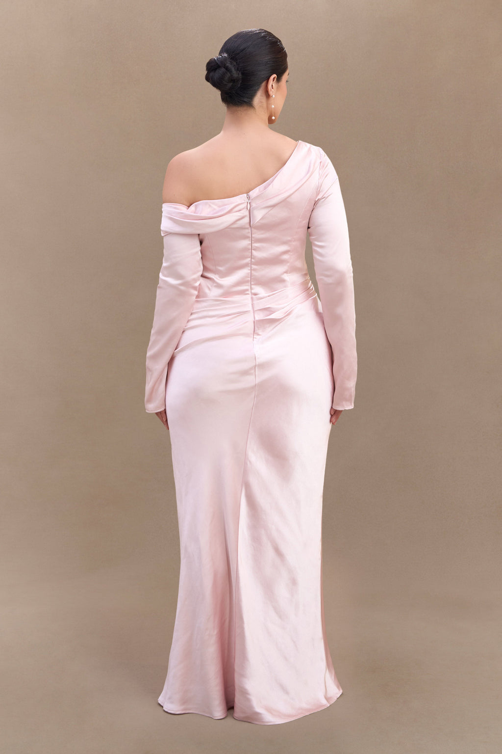 Levauro Iris Uzun Kol Saten Maxi Elbise - Soft Pembe