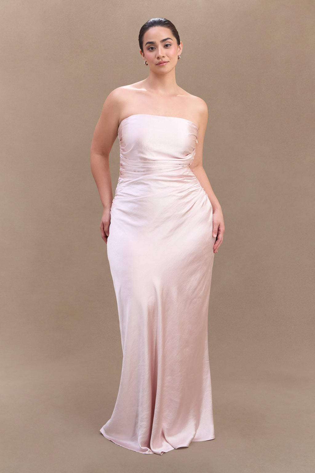 Levauro Sedir Straplez Saten Maxi Elbise - Soft Pembe