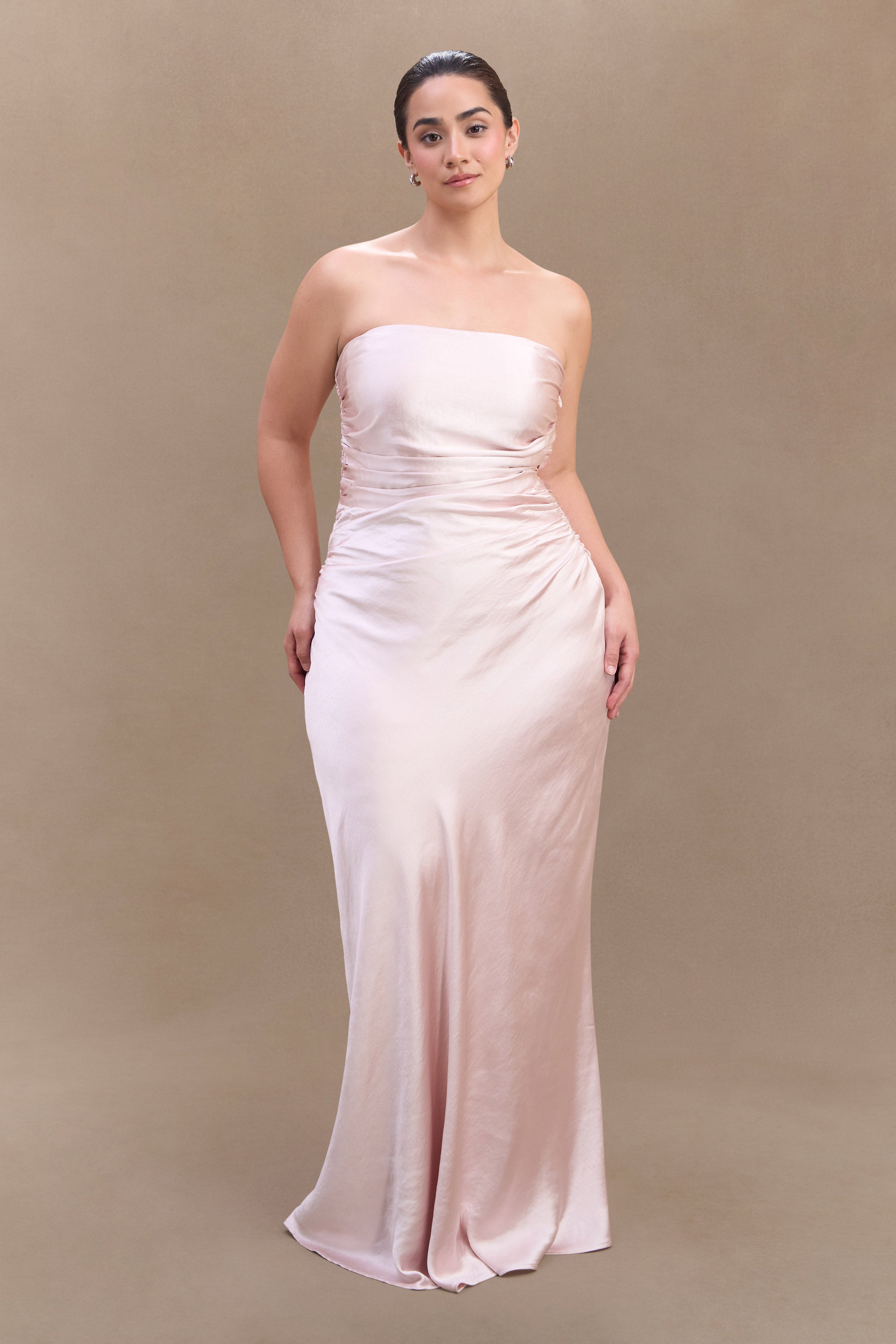 Levauro Sedir Straplez Saten Maxi Elbise - Soft Pembe