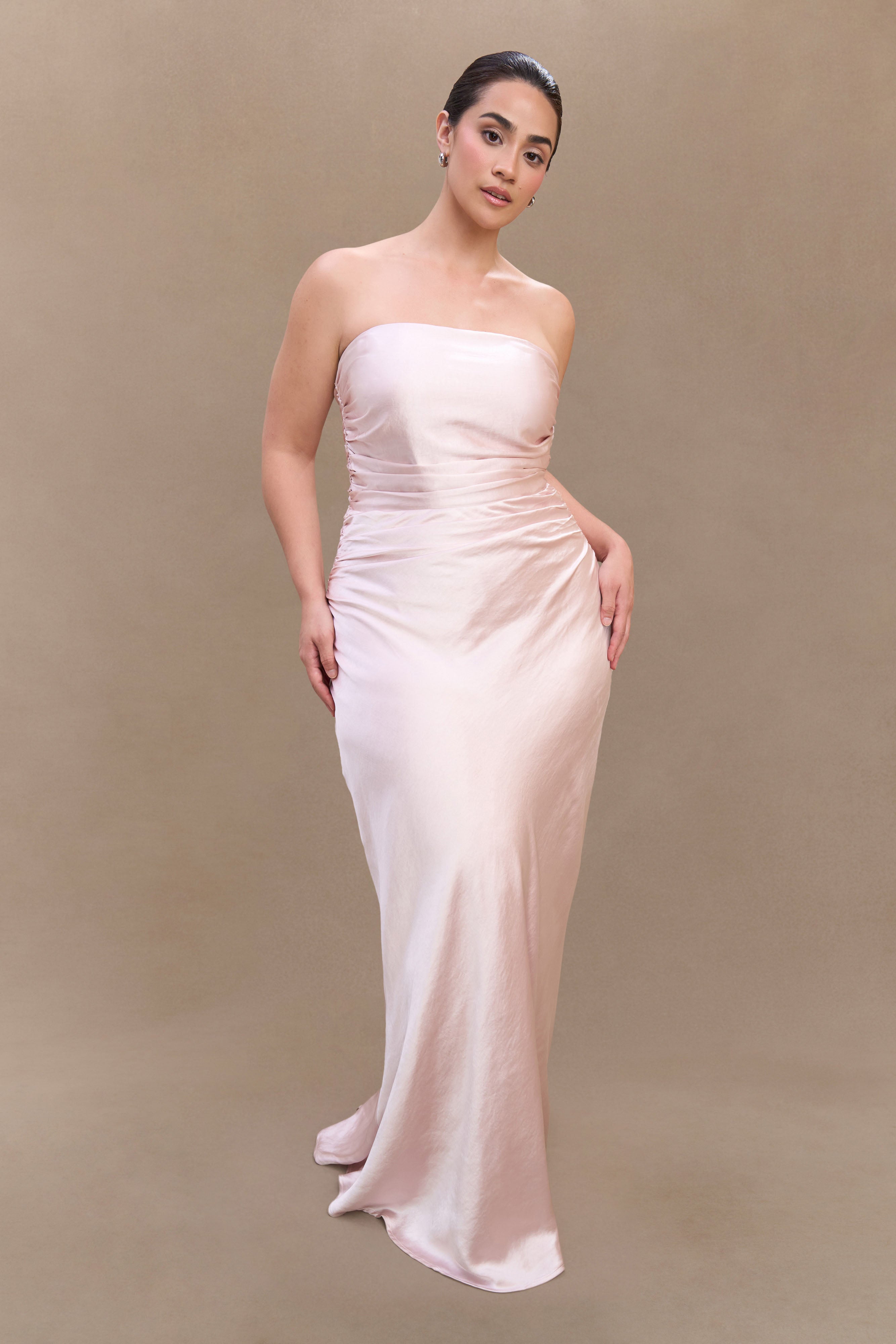 Levauro Sedir Straplez Saten Maxi Elbise - Soft Pembe