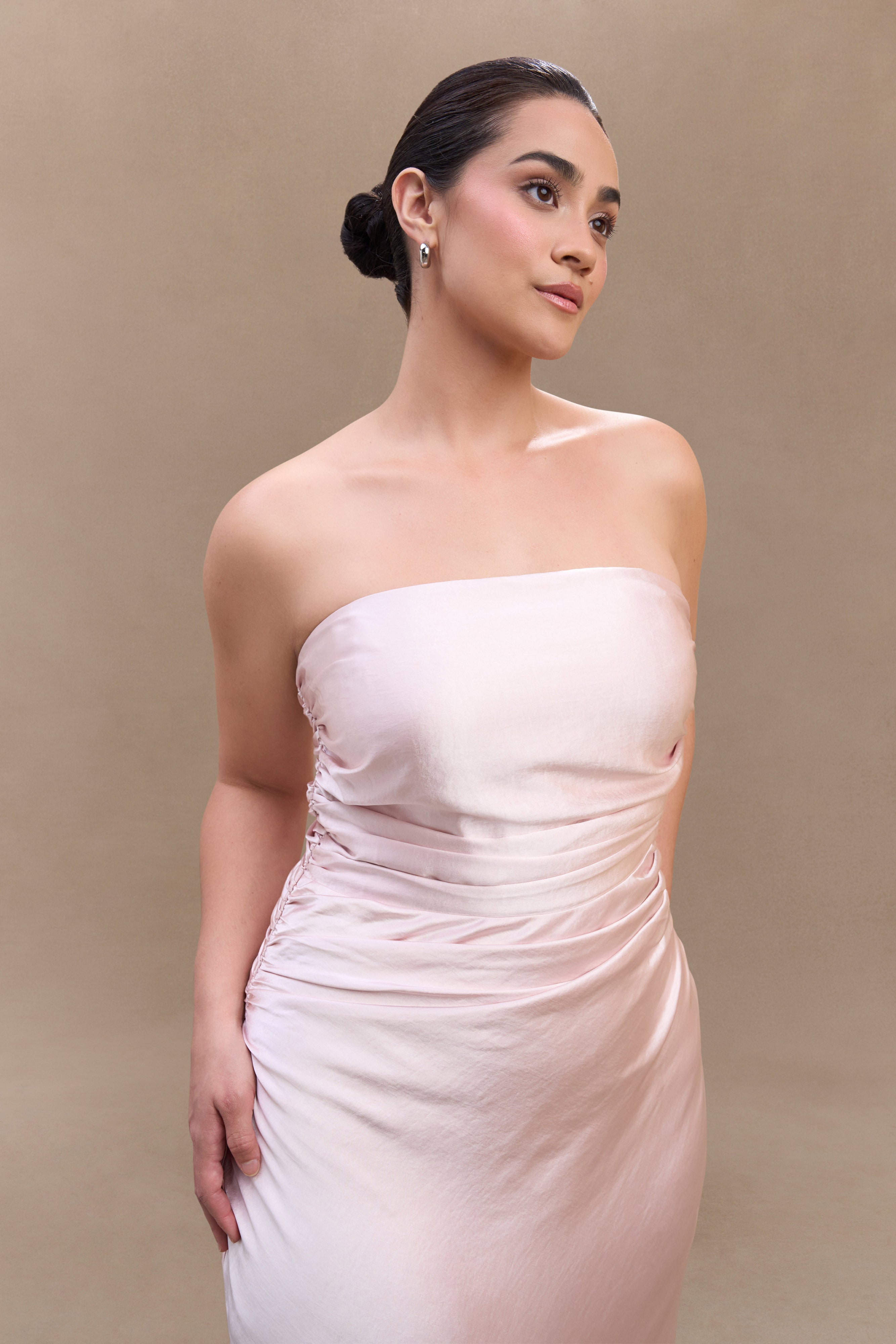 Levauro Sedir Straplez Saten Maxi Elbise - Soft Pembe