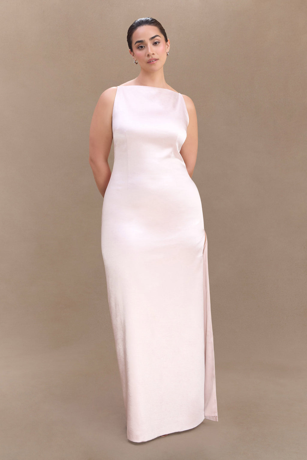 Levauro Mor Kolsuz Saten Maxi Elbise - Soft Pembe