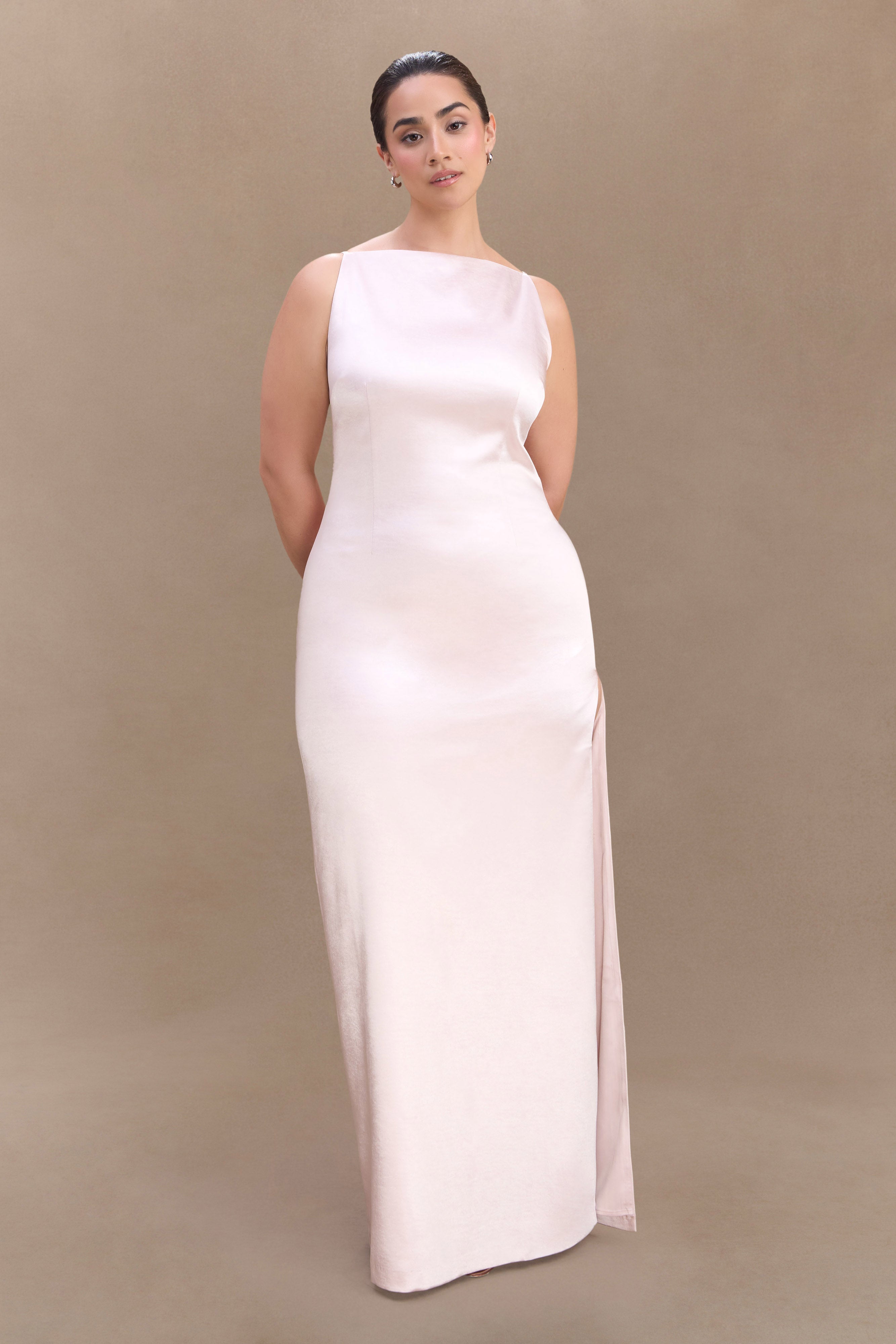 Levauro Mor Kolsuz Saten Maxi Elbise - Soft Pembe