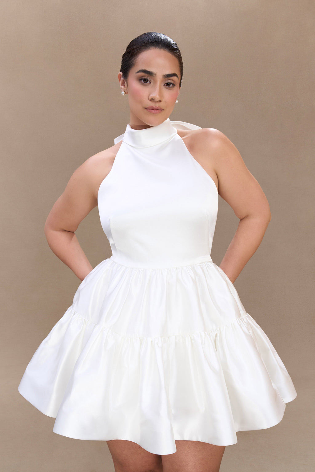 Levauro Dorota Saten Boyundan Bağlamalı Mini Elbise - Beyaz