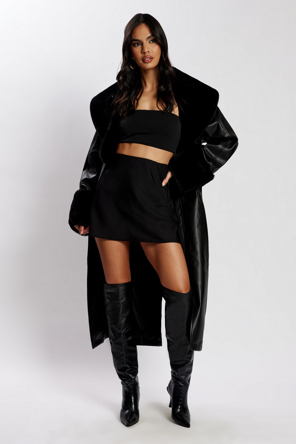 Levauro  Rebekah Oversize Kürklü Pu Trençkot - Siyah