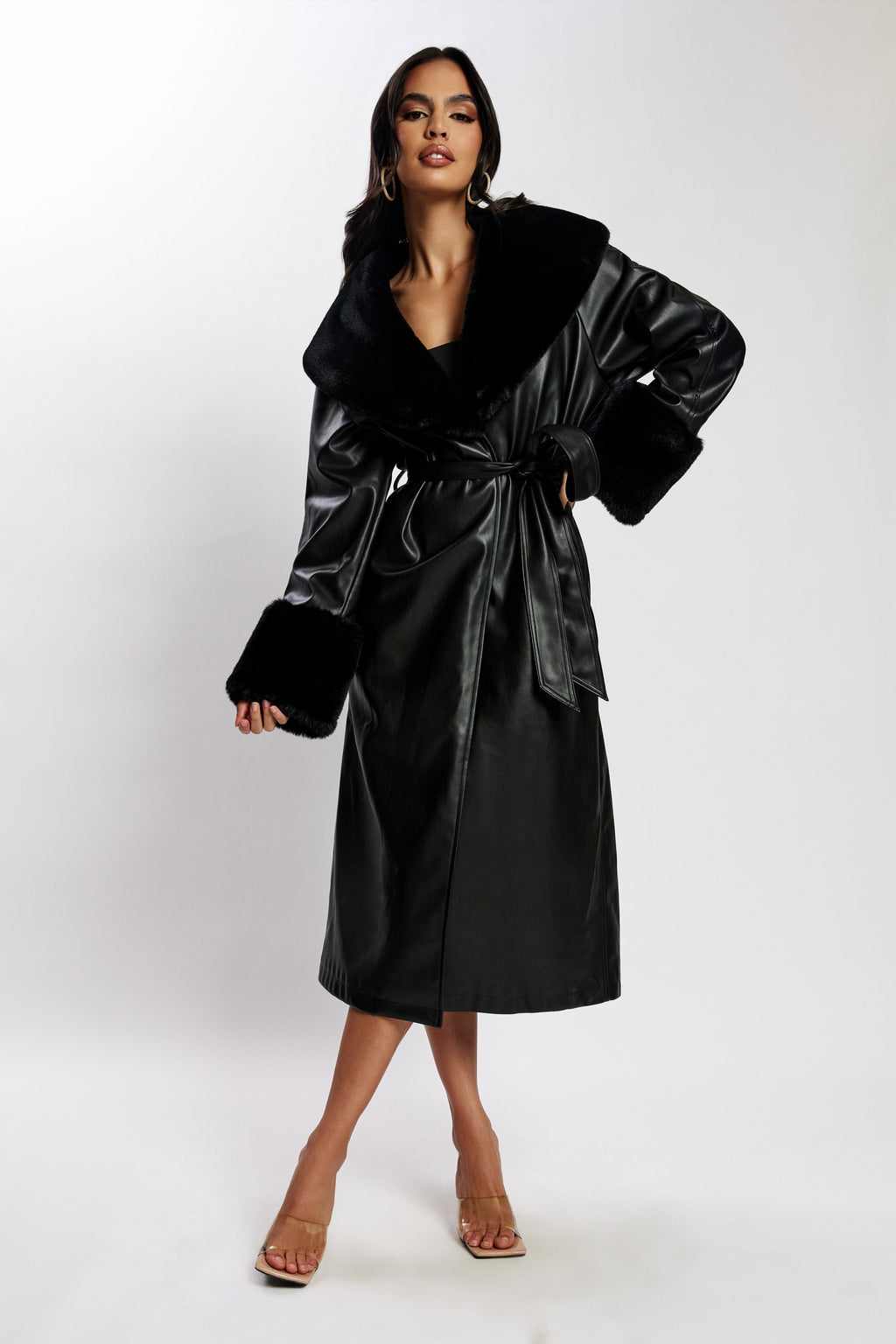 Levauro  Rebekah Oversize Kürklü Pu Trençkot - Siyah