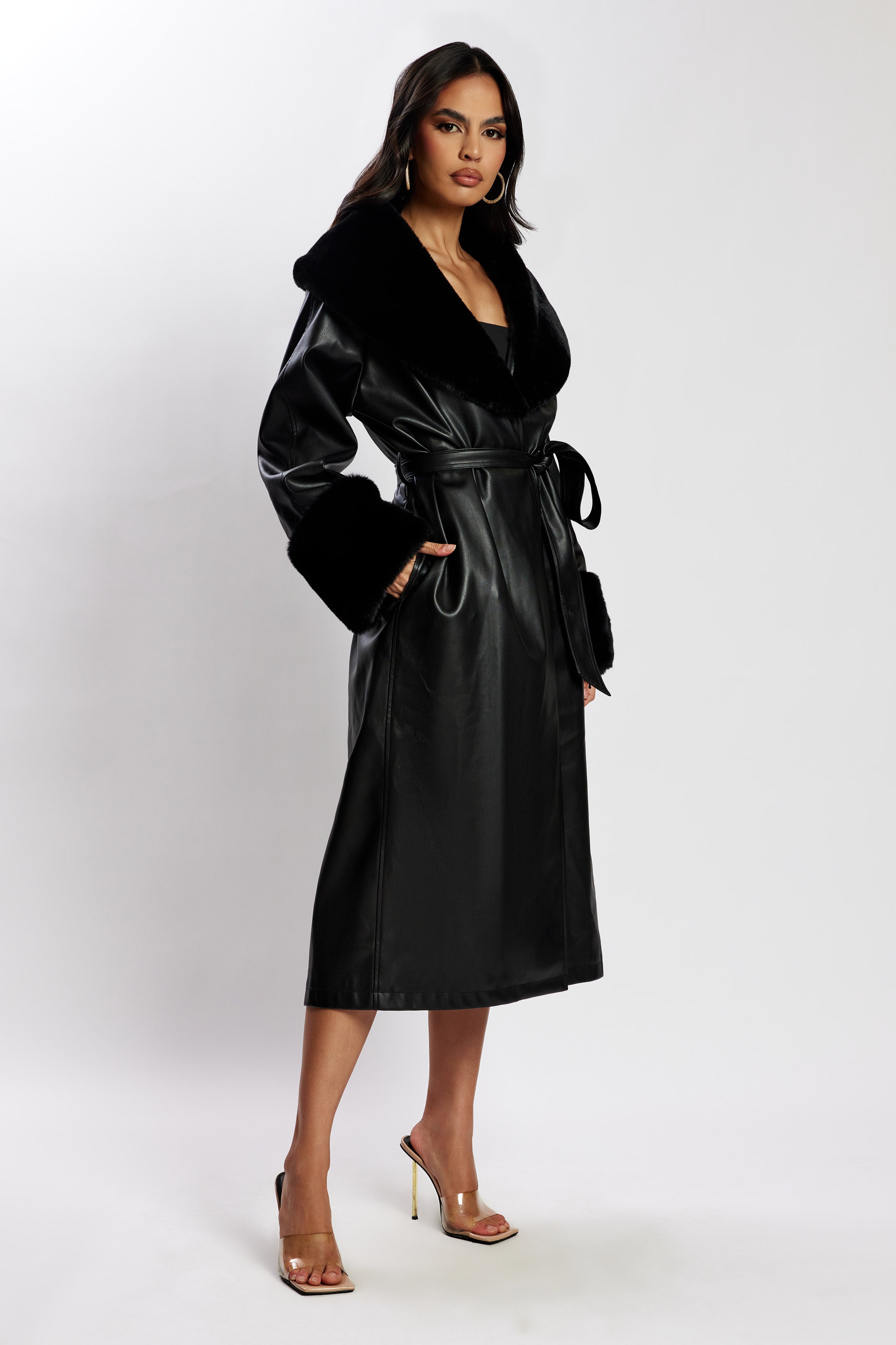 Levauro  Rebekah Oversize Kürklü Pu Trençkot - Siyah