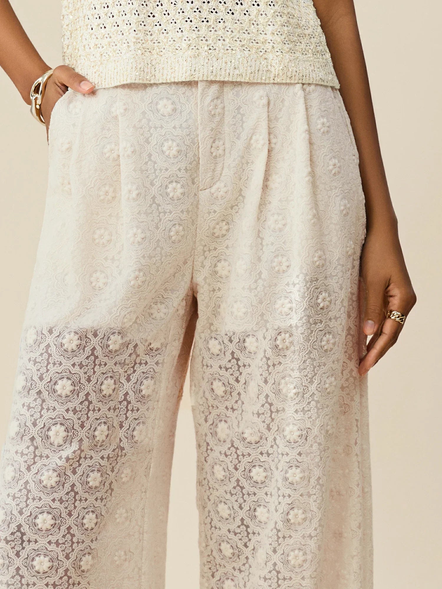 Levauro İşlemeli Dantel Geniş Paça Pantolon