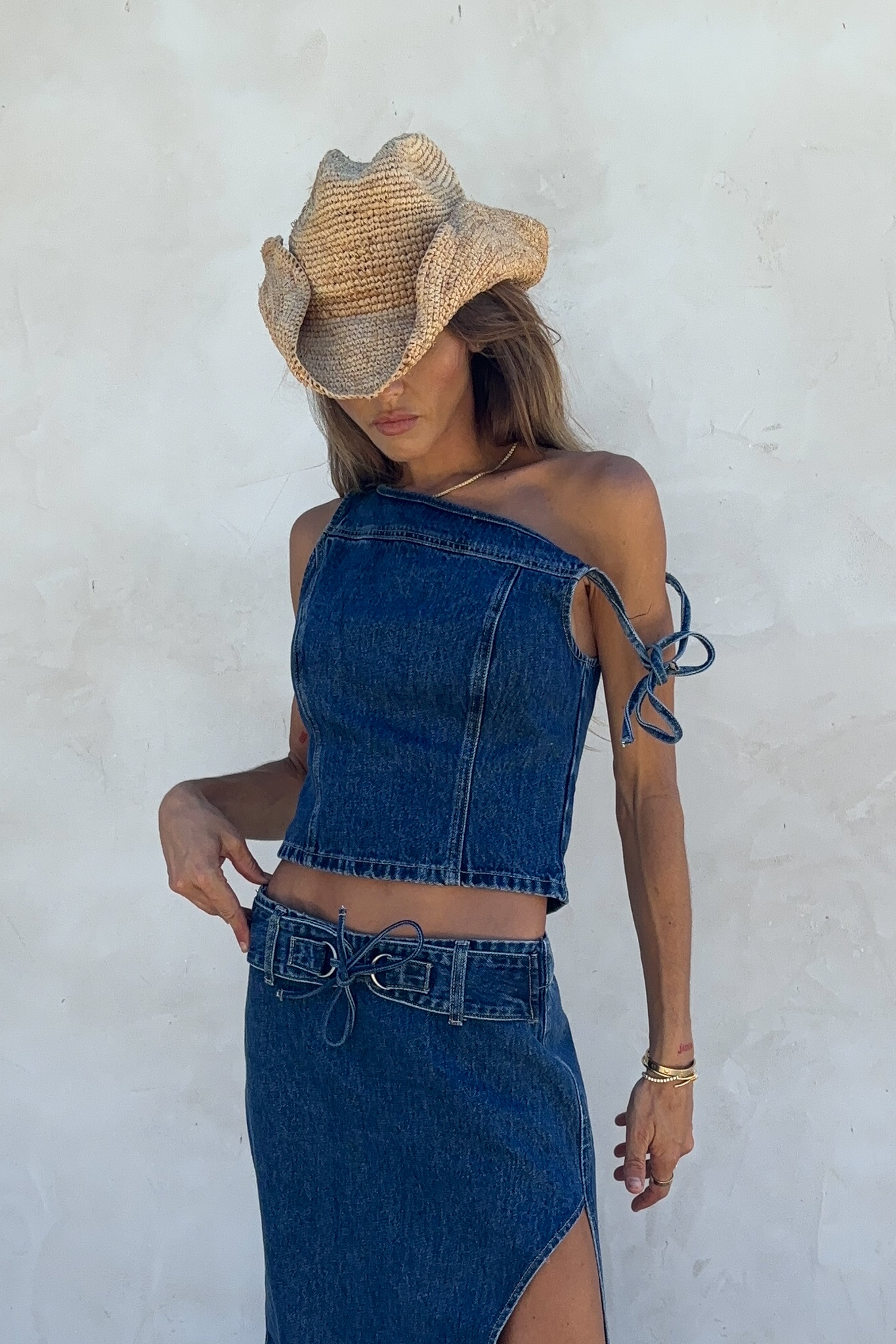 Levauro Ramsey Denim Düşük Omuz Üst - Koyu Mavi
