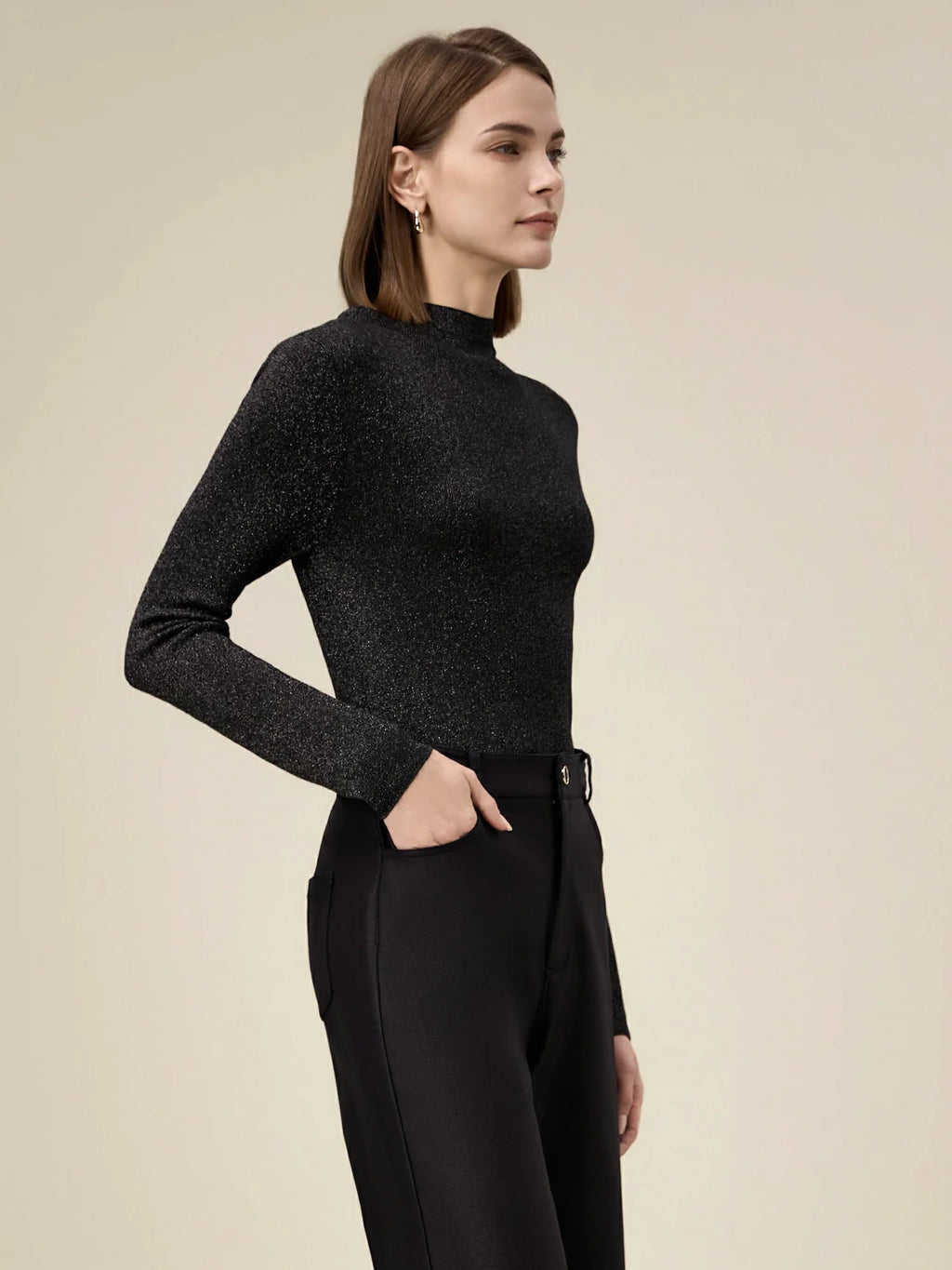 Levauro Gümüş İplik Stand Yaka Kazak Üstü