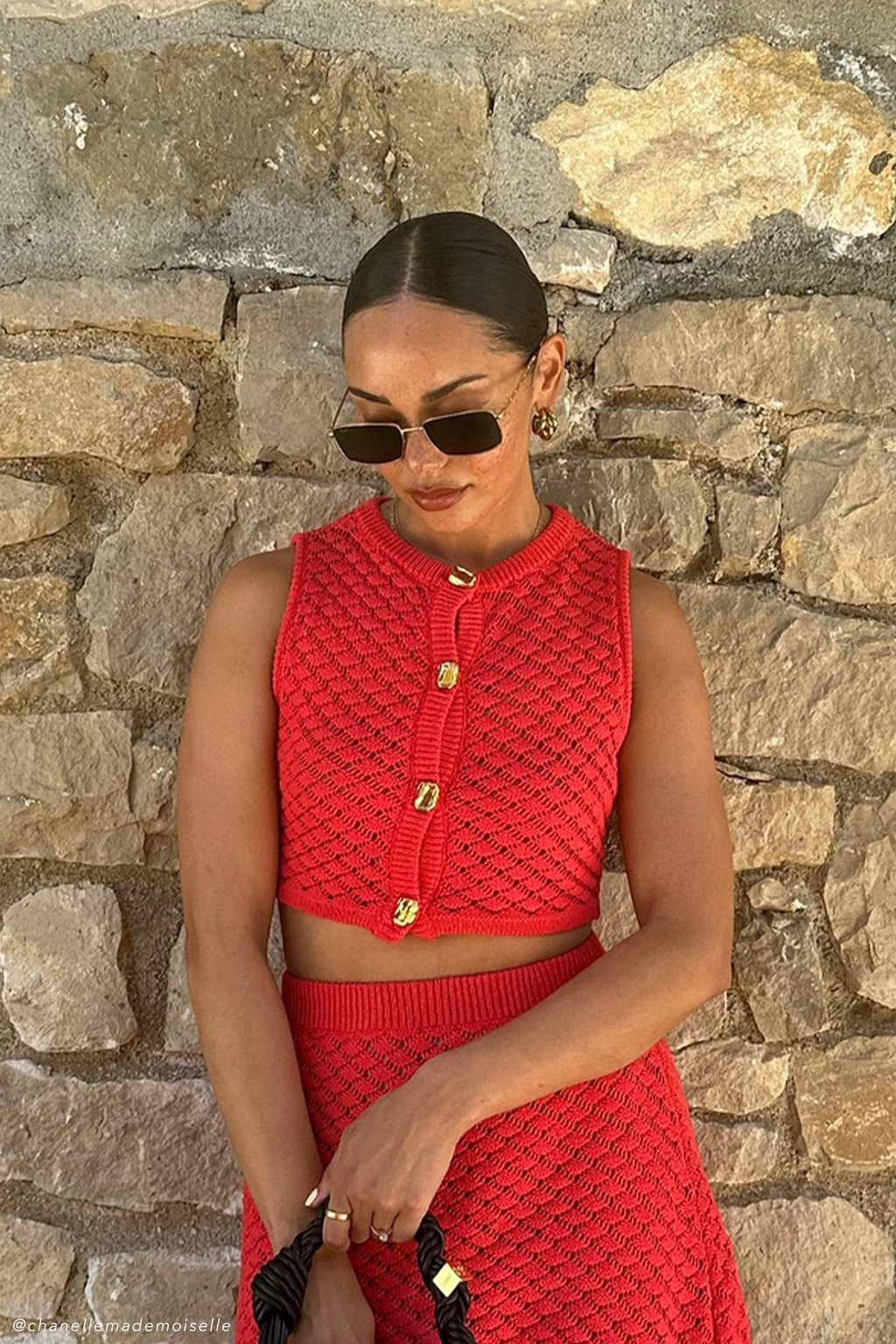 Levauro  Lorenza Tığ İşi Düğmeli Crop Top - Nar