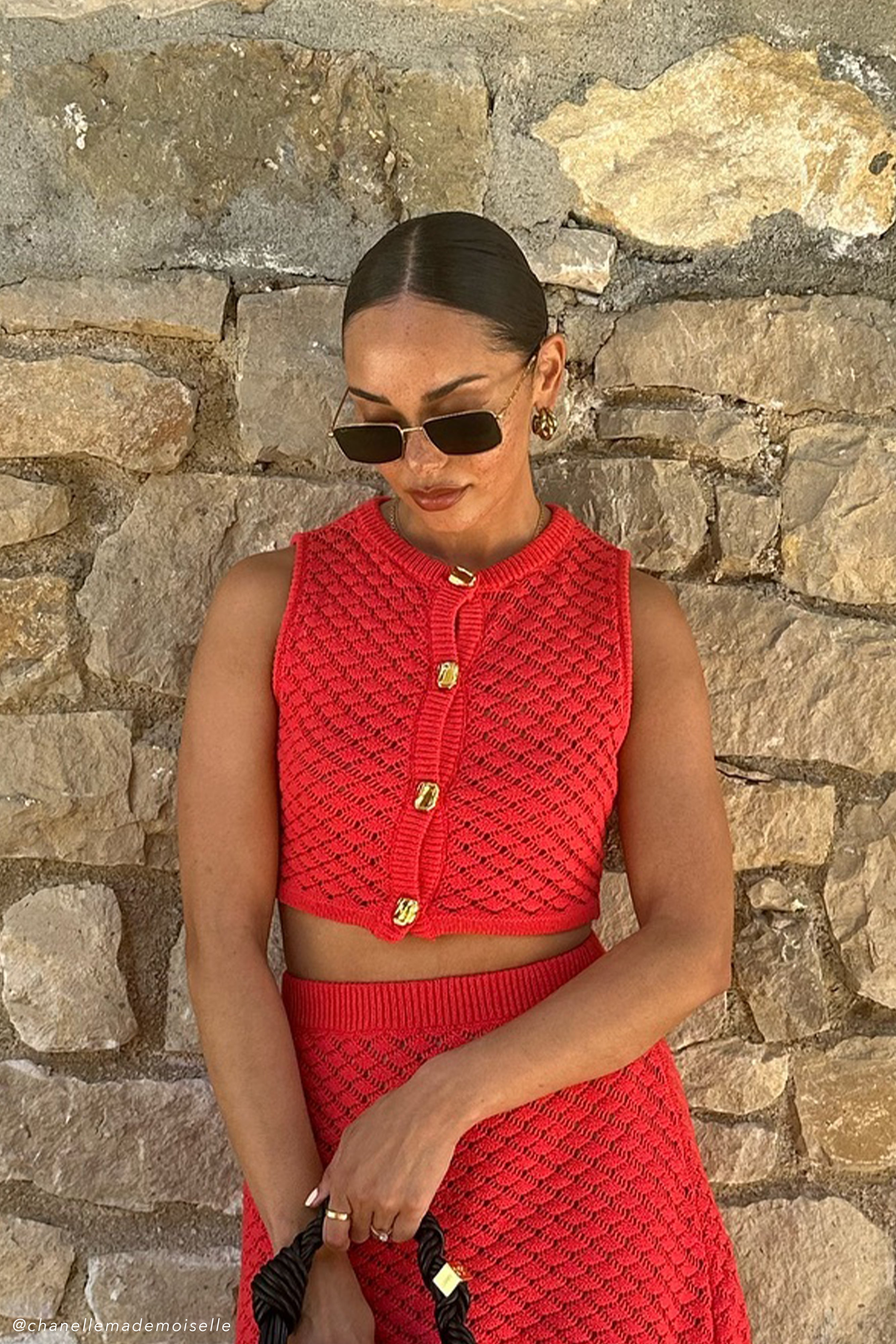 Levauro  Lorenza Tığ İşi Düğmeli Crop Top - Nar