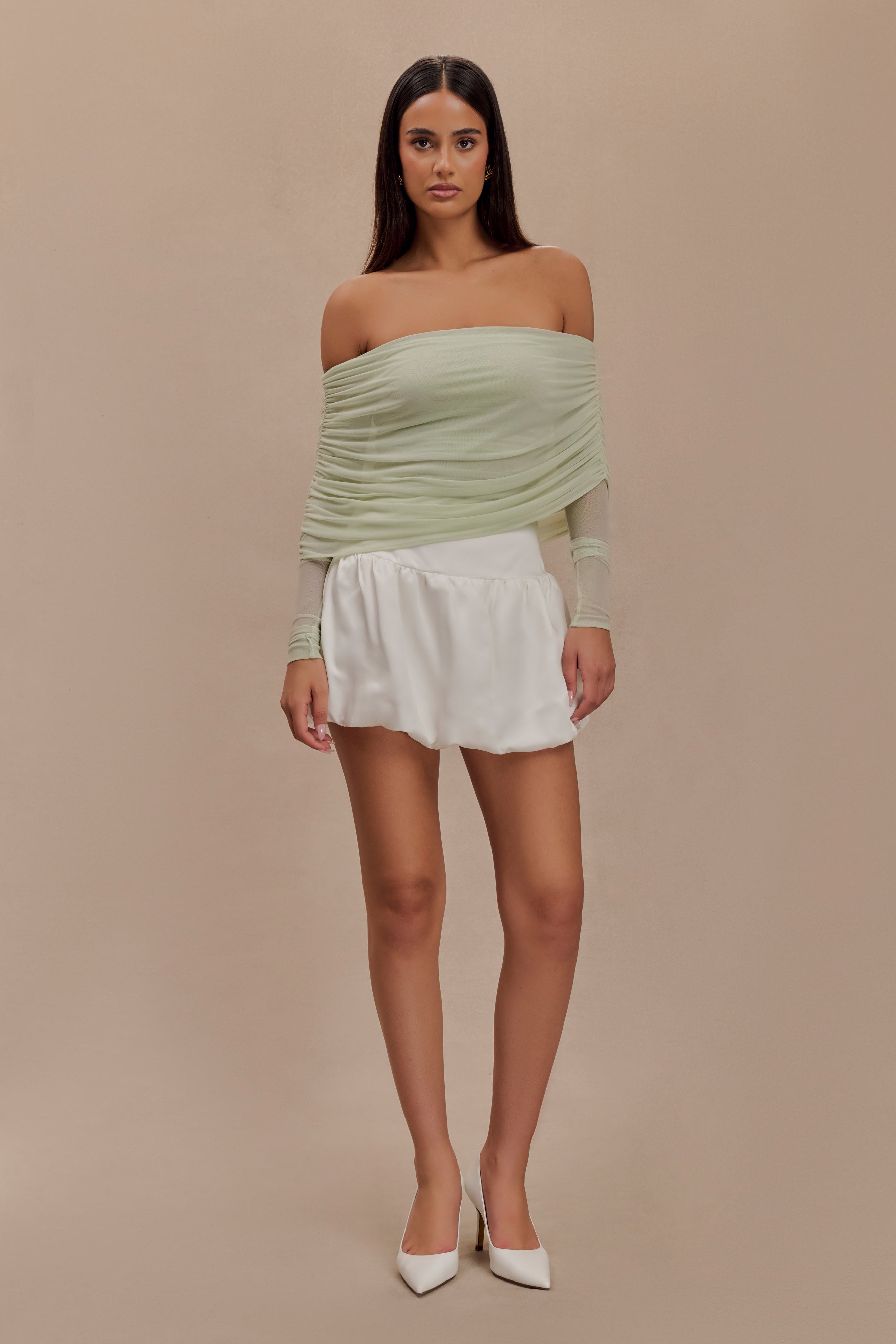 Levaru  Everly Sheer Mesh Düşük Omuz Üst - Pastel Yeşil