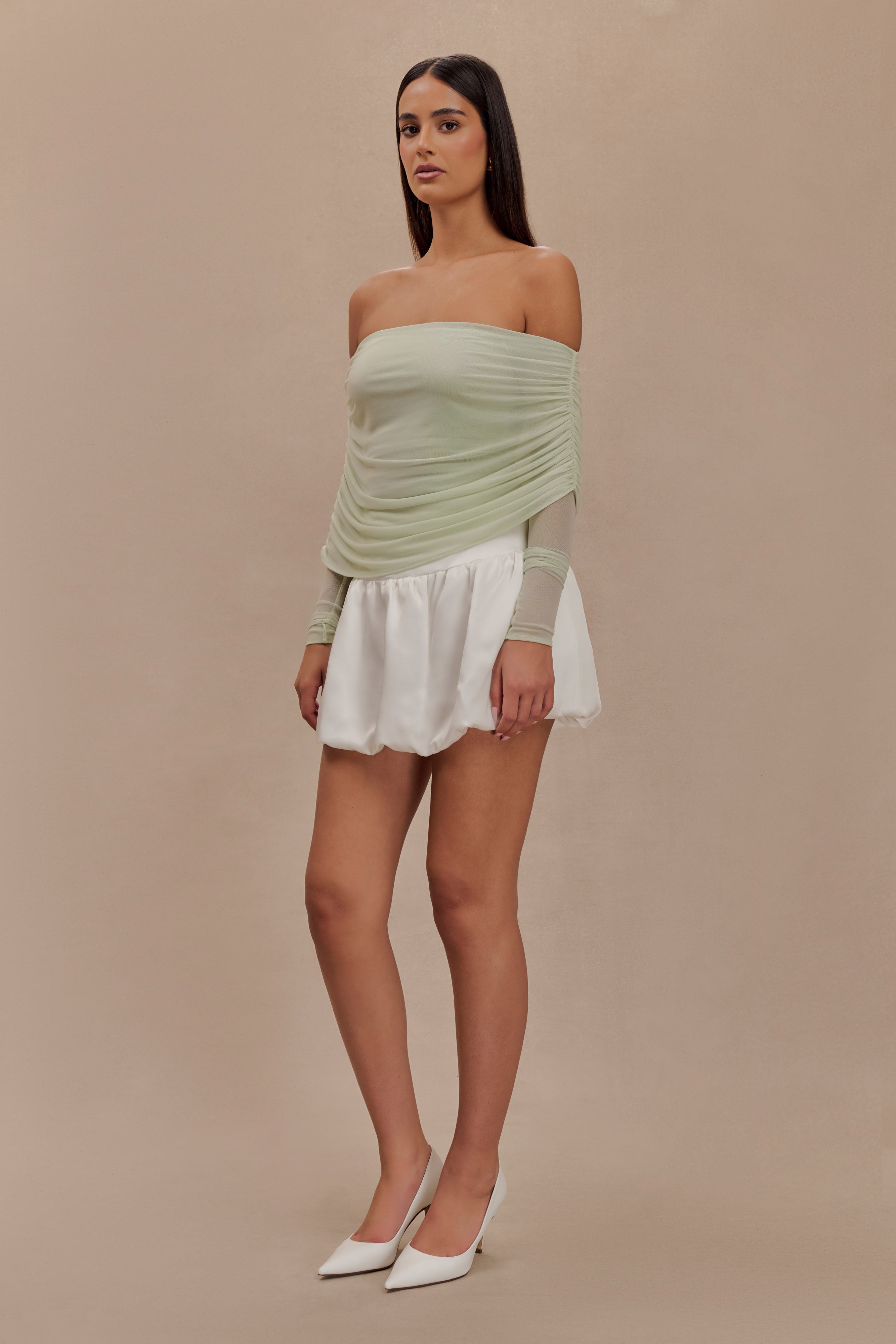 Levaru  Everly Sheer Mesh Düşük Omuz Üst - Pastel Yeşil