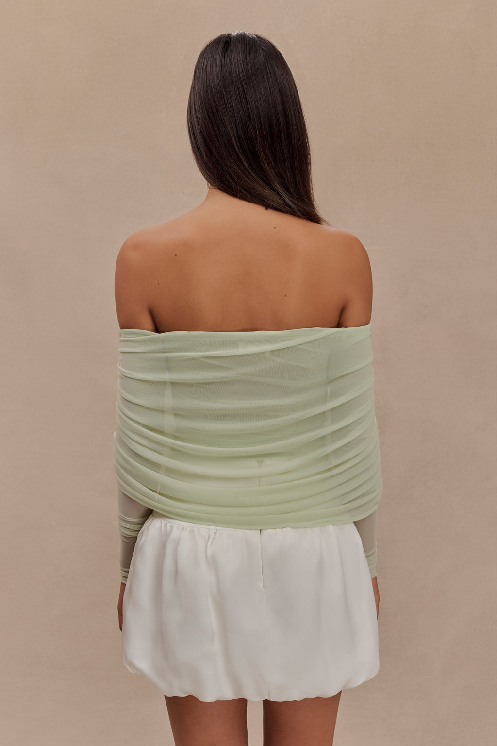 Levaru  Everly Sheer Mesh Düşük Omuz Üst - Pastel Yeşil
