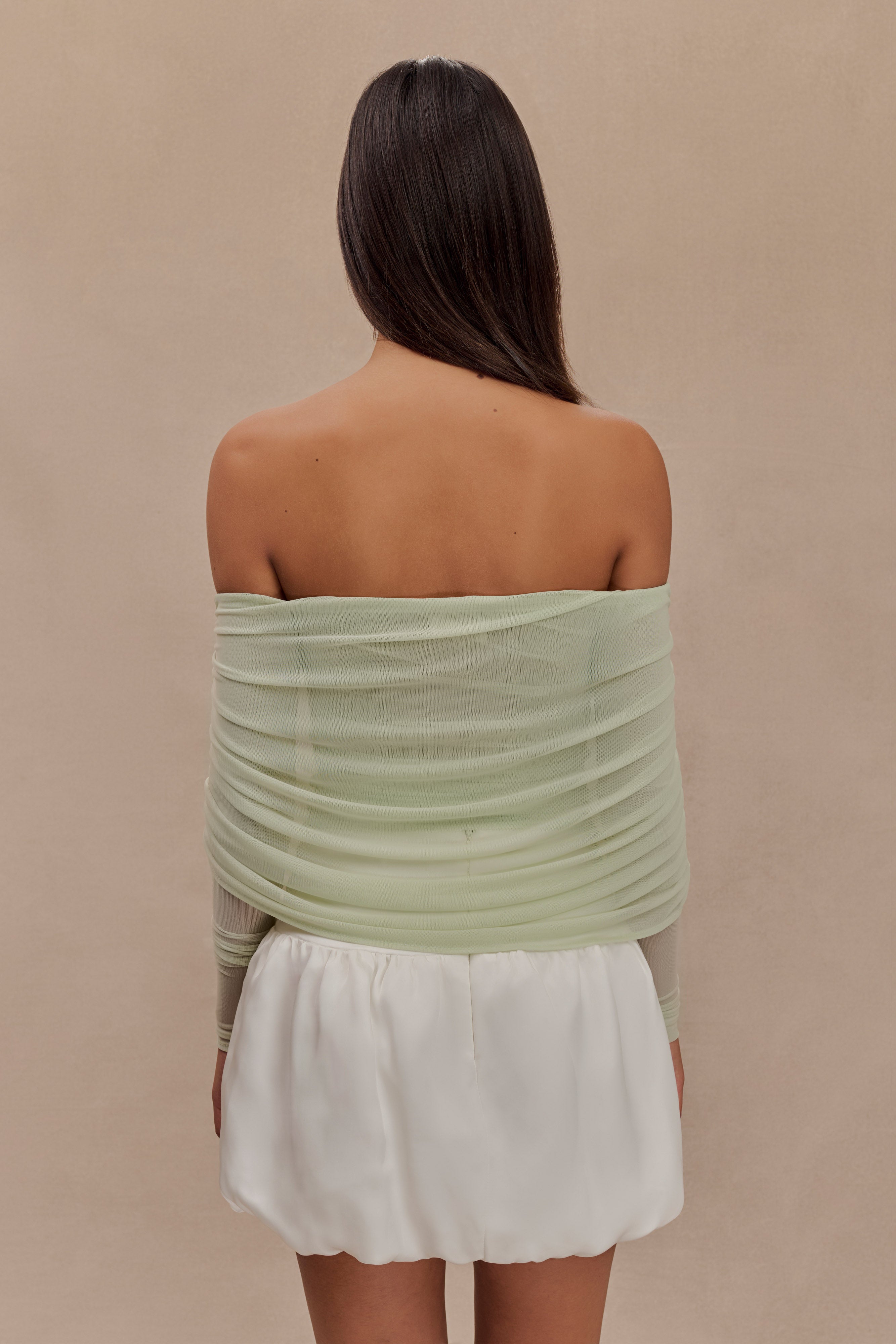 Levaru  Everly Sheer Mesh Düşük Omuz Üst - Pastel Yeşil