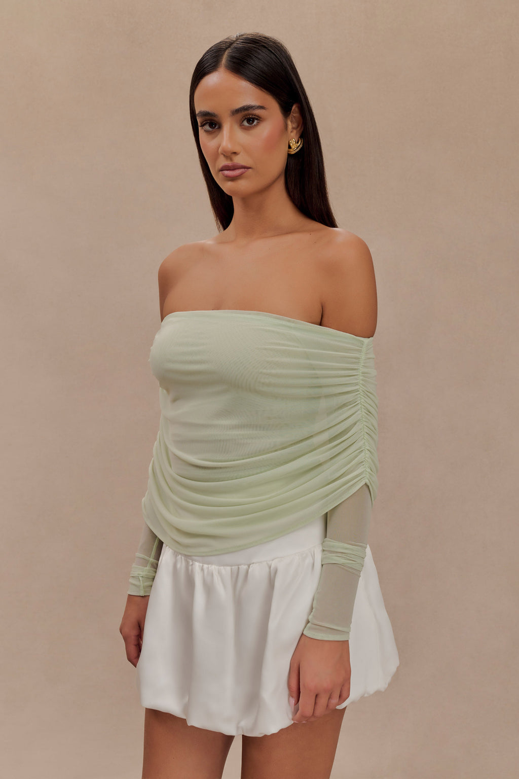 Levaru  Everly Sheer Mesh Düşük Omuz Üst - Pastel Yeşil