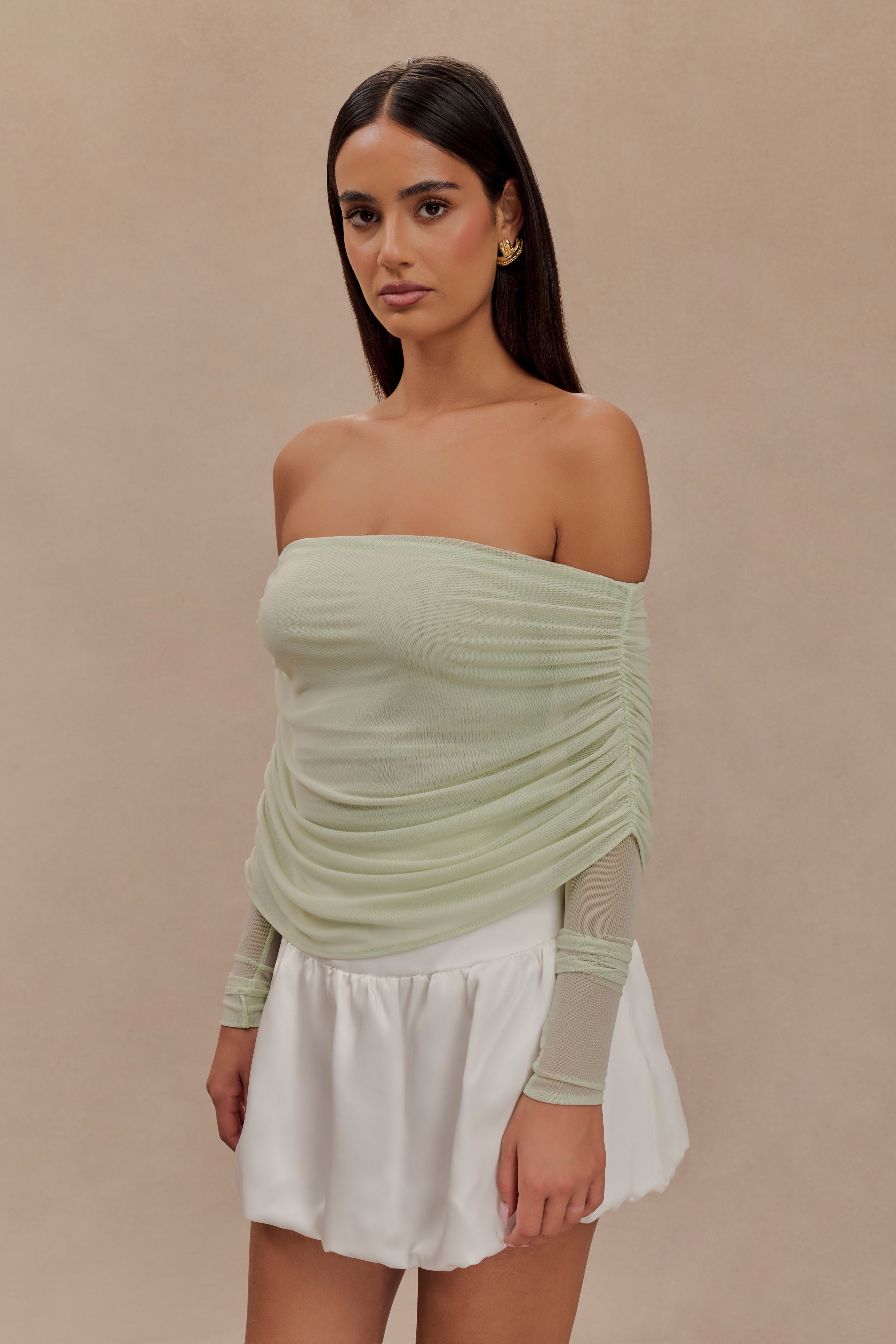 Levaru  Everly Sheer Mesh Düşük Omuz Üst - Pastel Yeşil