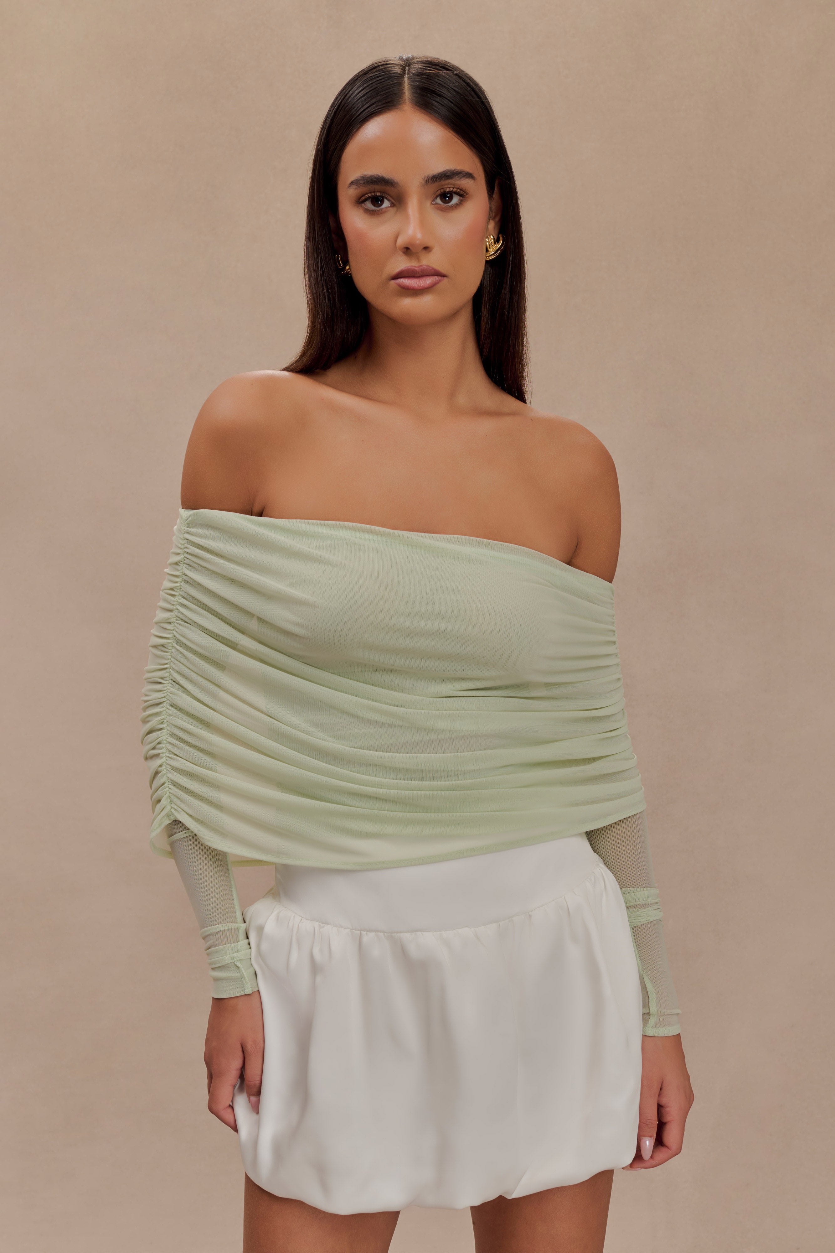 Levaru  Everly Sheer Mesh Düşük Omuz Üst - Pastel Yeşil