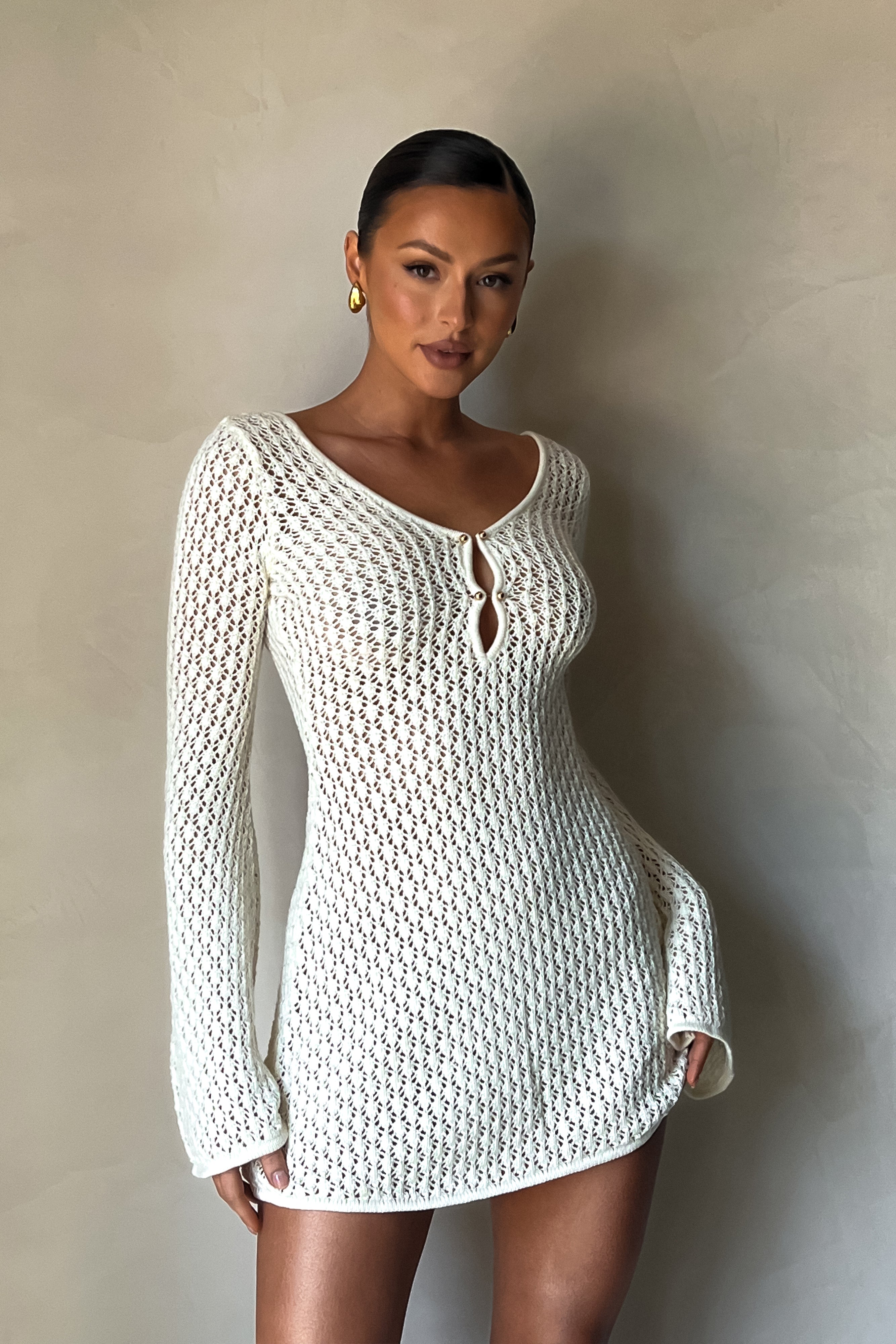 Levauro  Kayleigh Tığ Örgü Mini Elbise - Beyaz
