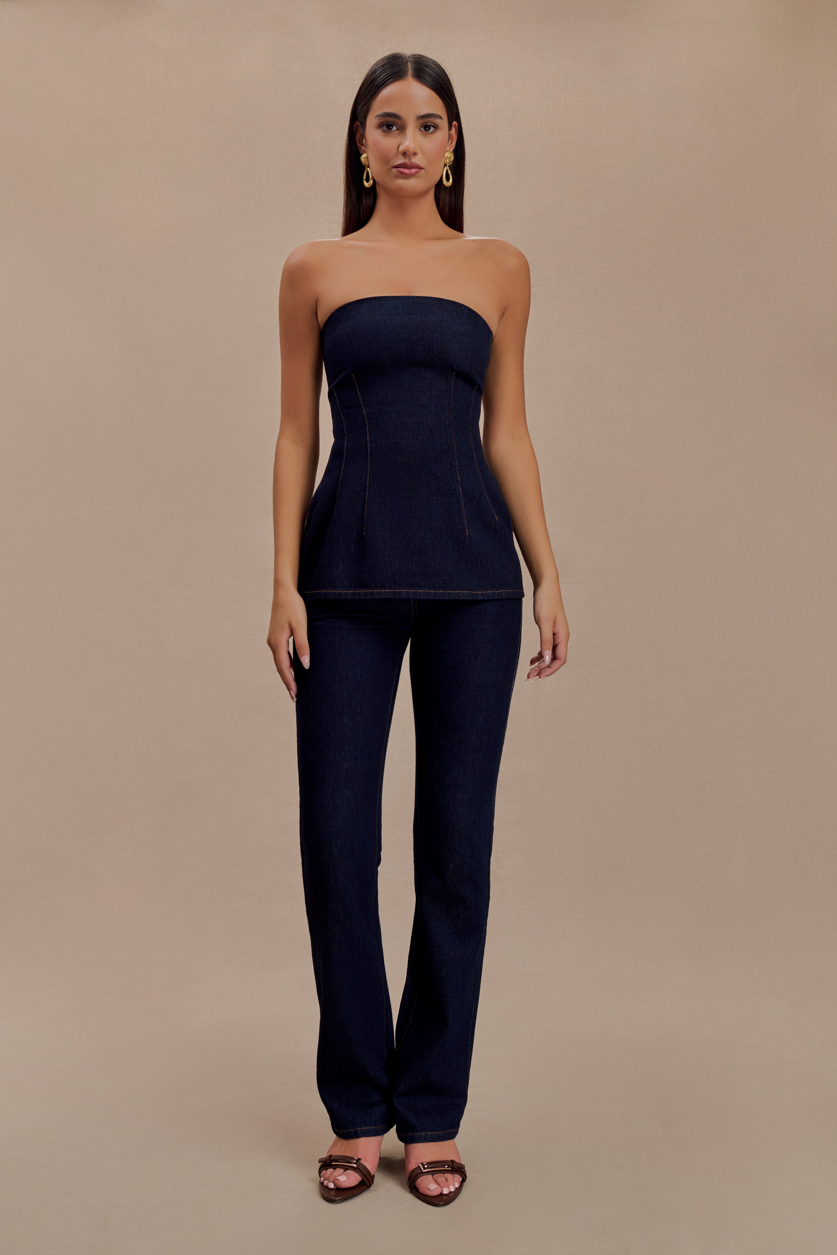 Levaru Madelyn Straplez Longline Denim Üst - İndigo Mavi